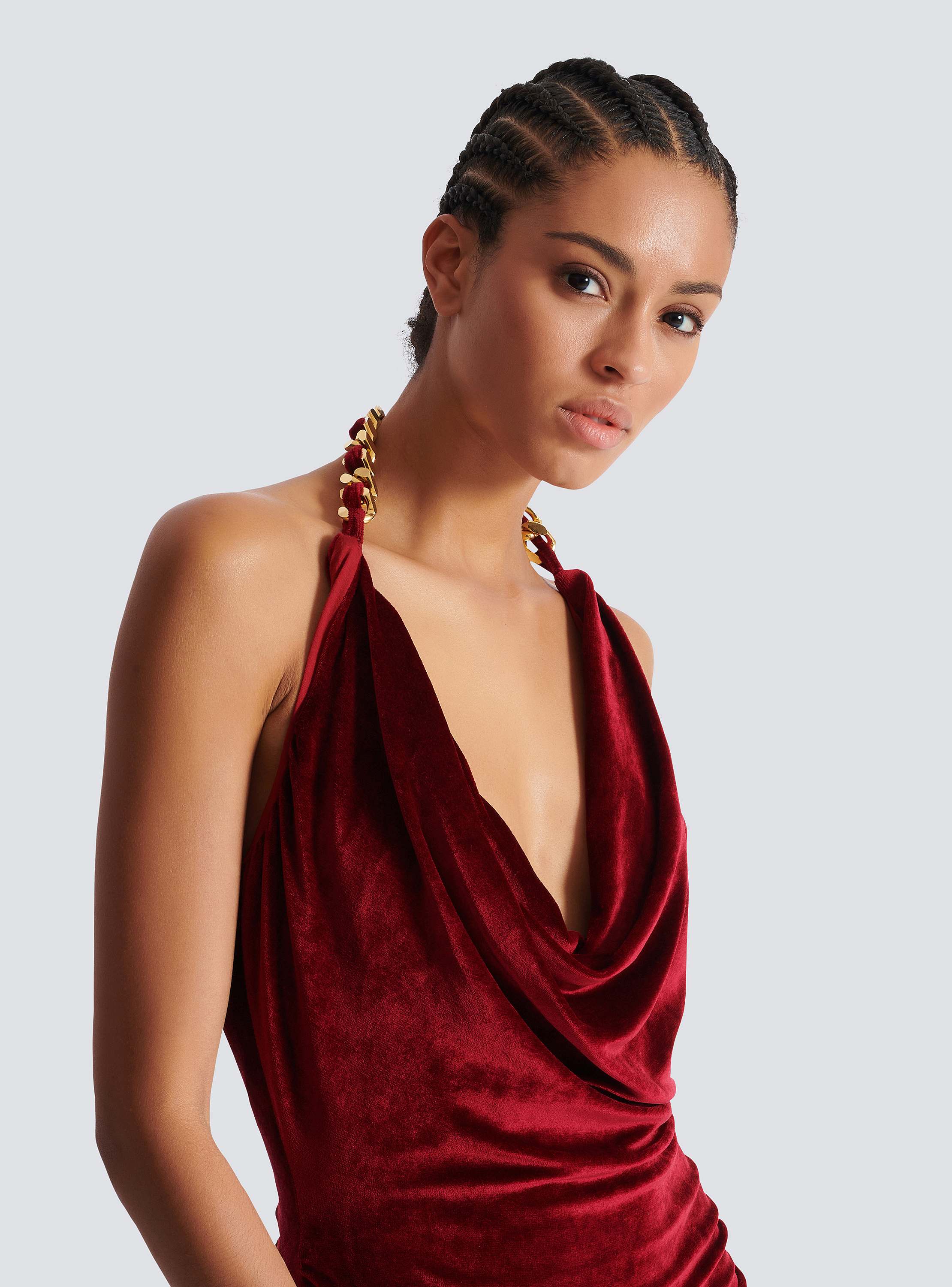 Chain Strap Draped Velvet Short Dress