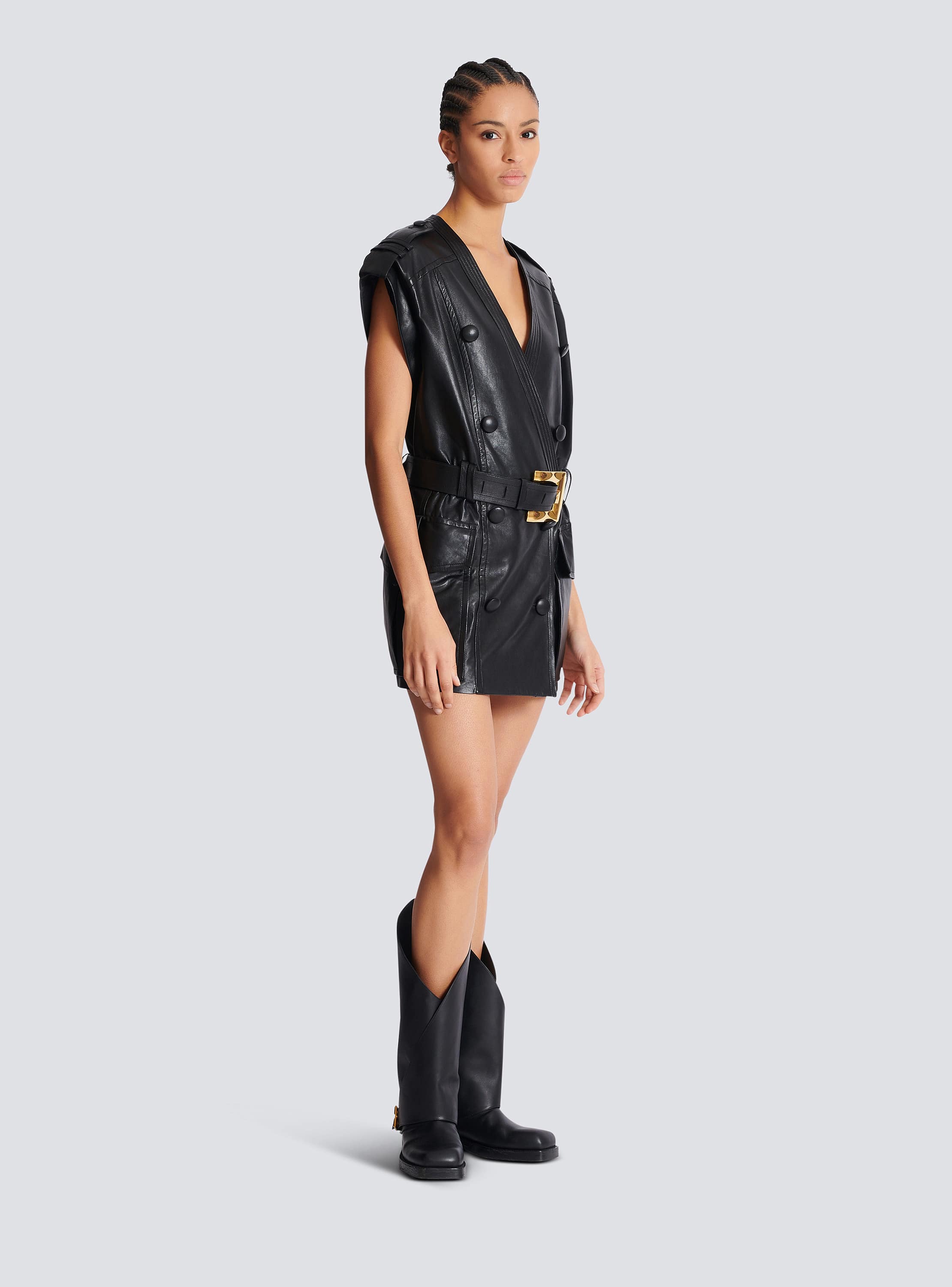 Lambskin leather short belted dress black black - Women