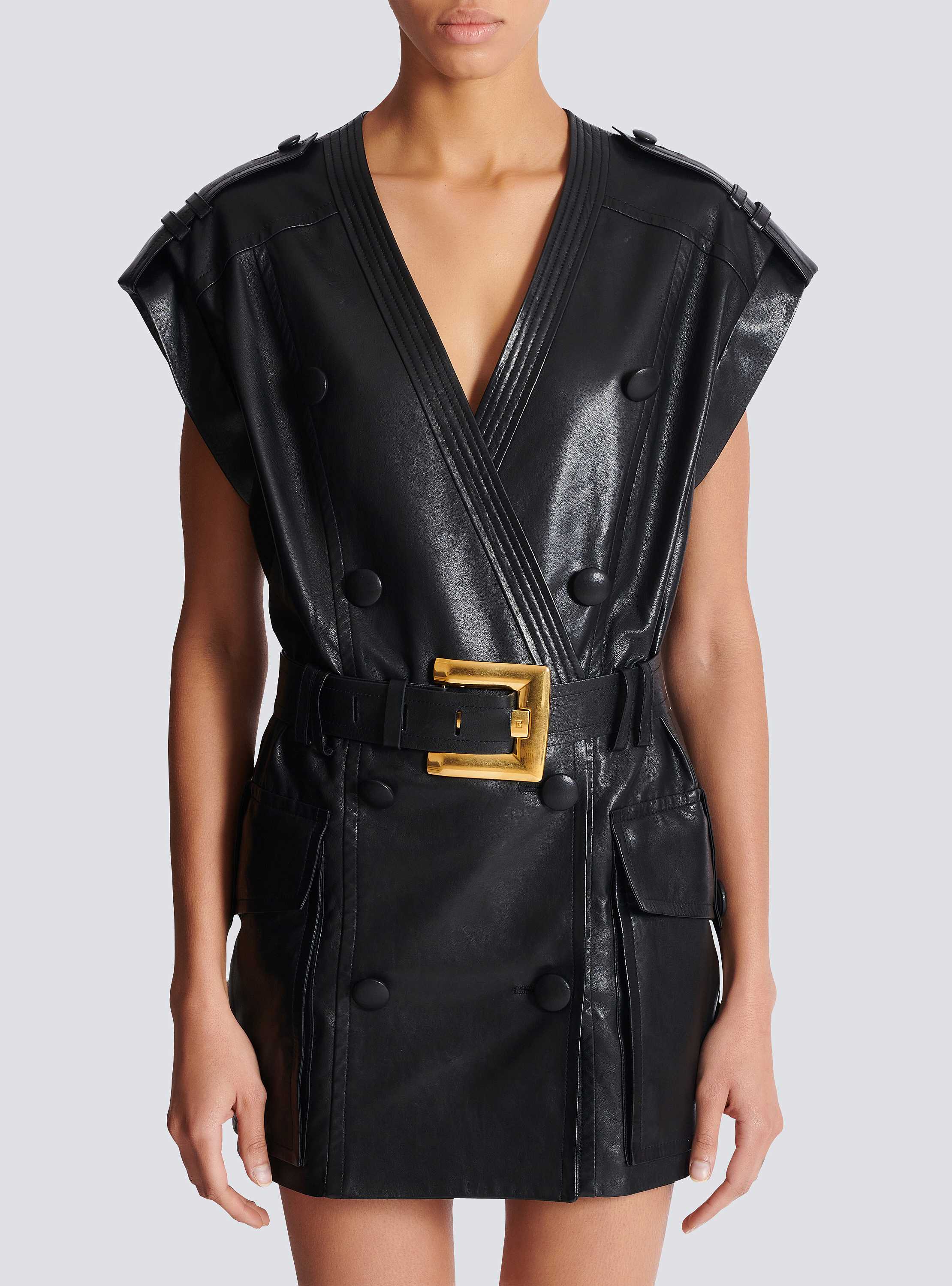 Lambskin leather short belted dress black black - Women