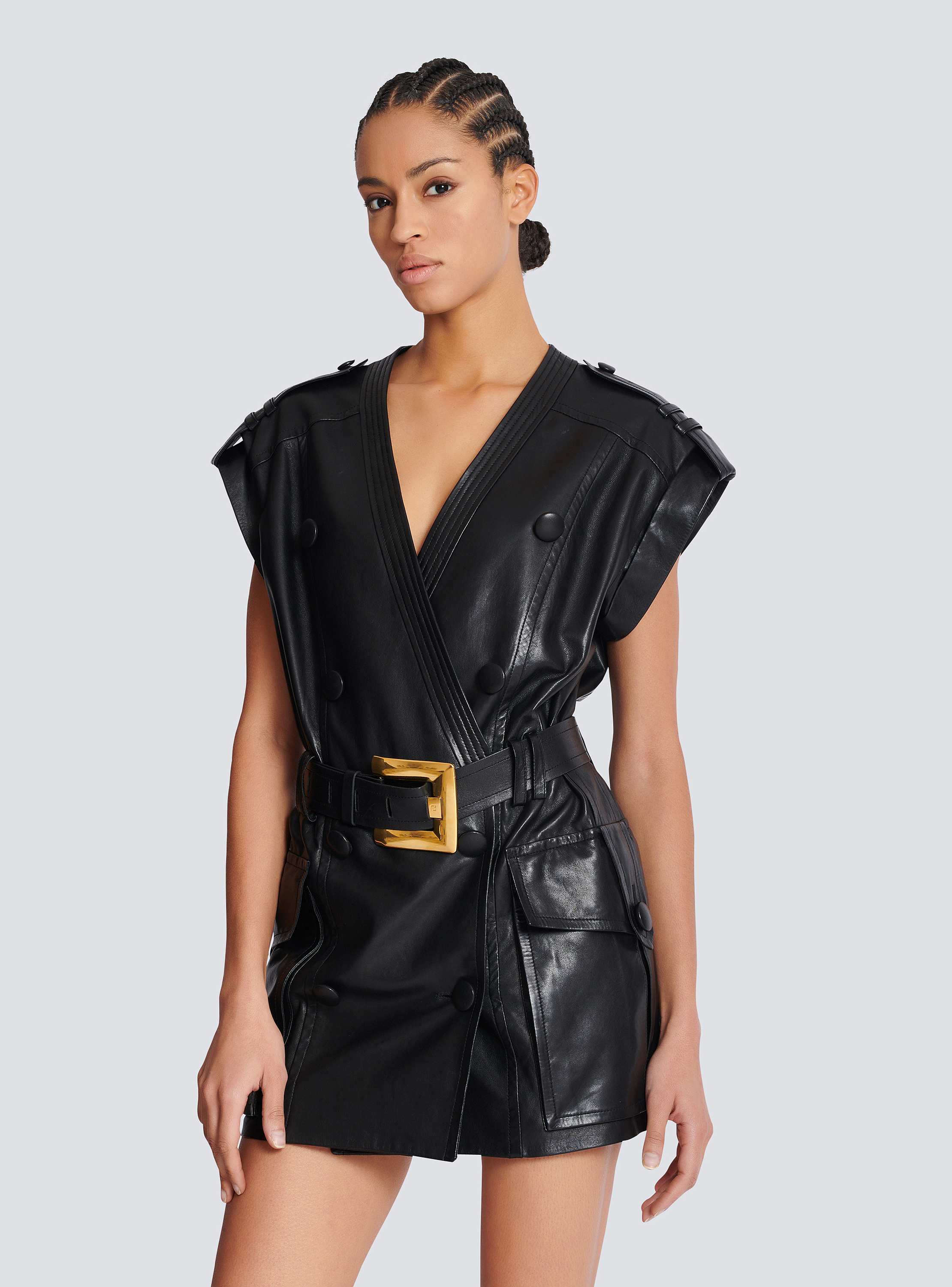 Lambskin leather short belted dress - Women | BALMAIN