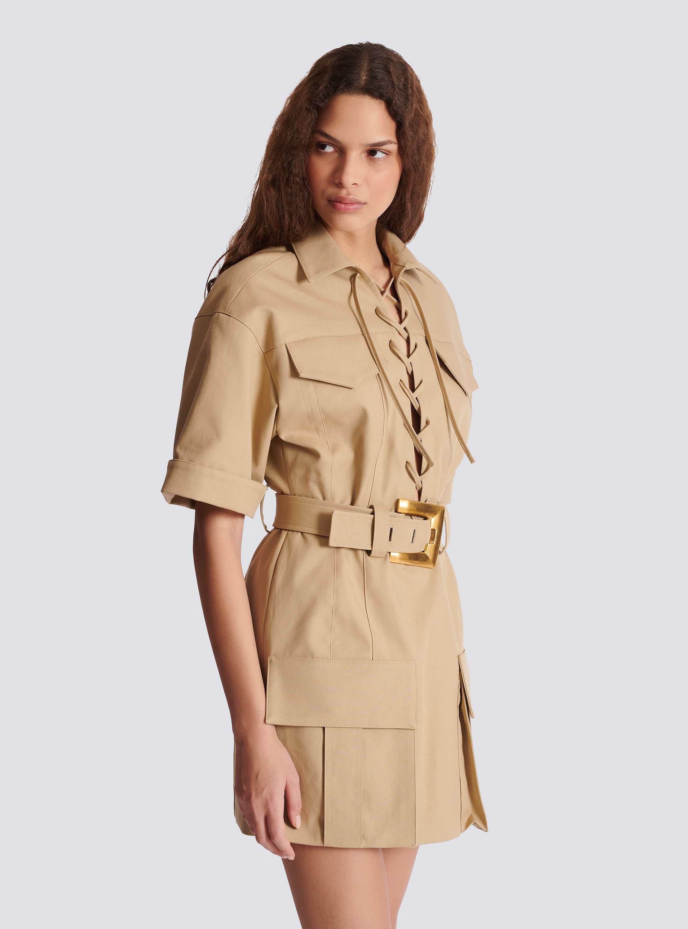 Short cotton gabardine lace-up dress