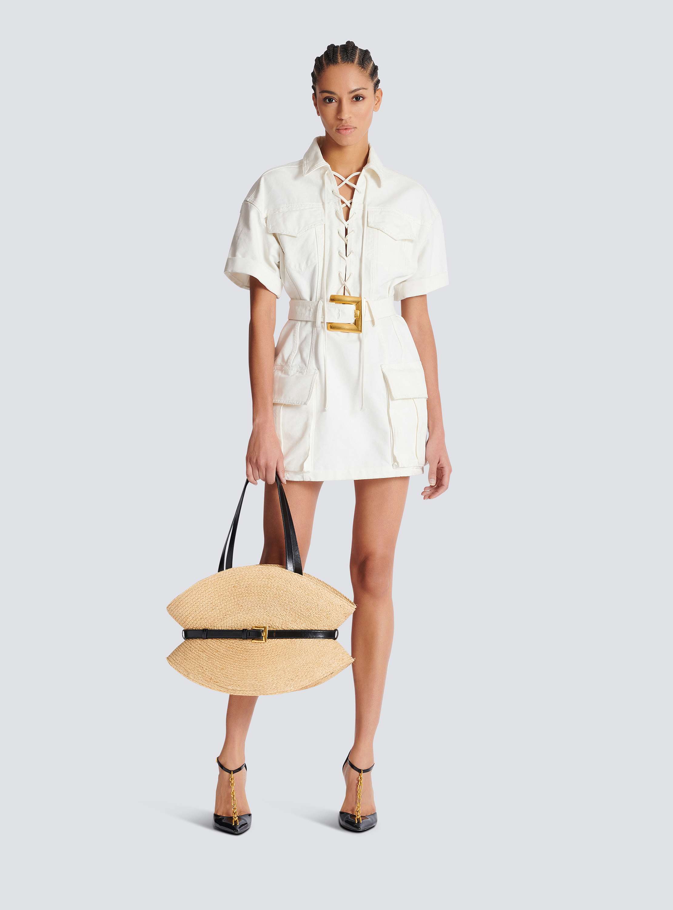 ワンピース BALMAIN COTTON GABARDINE SHORT DRESS (FF1R7415DF78 0FC) Short lace-up canvas dress white white - Women | BALMAIN