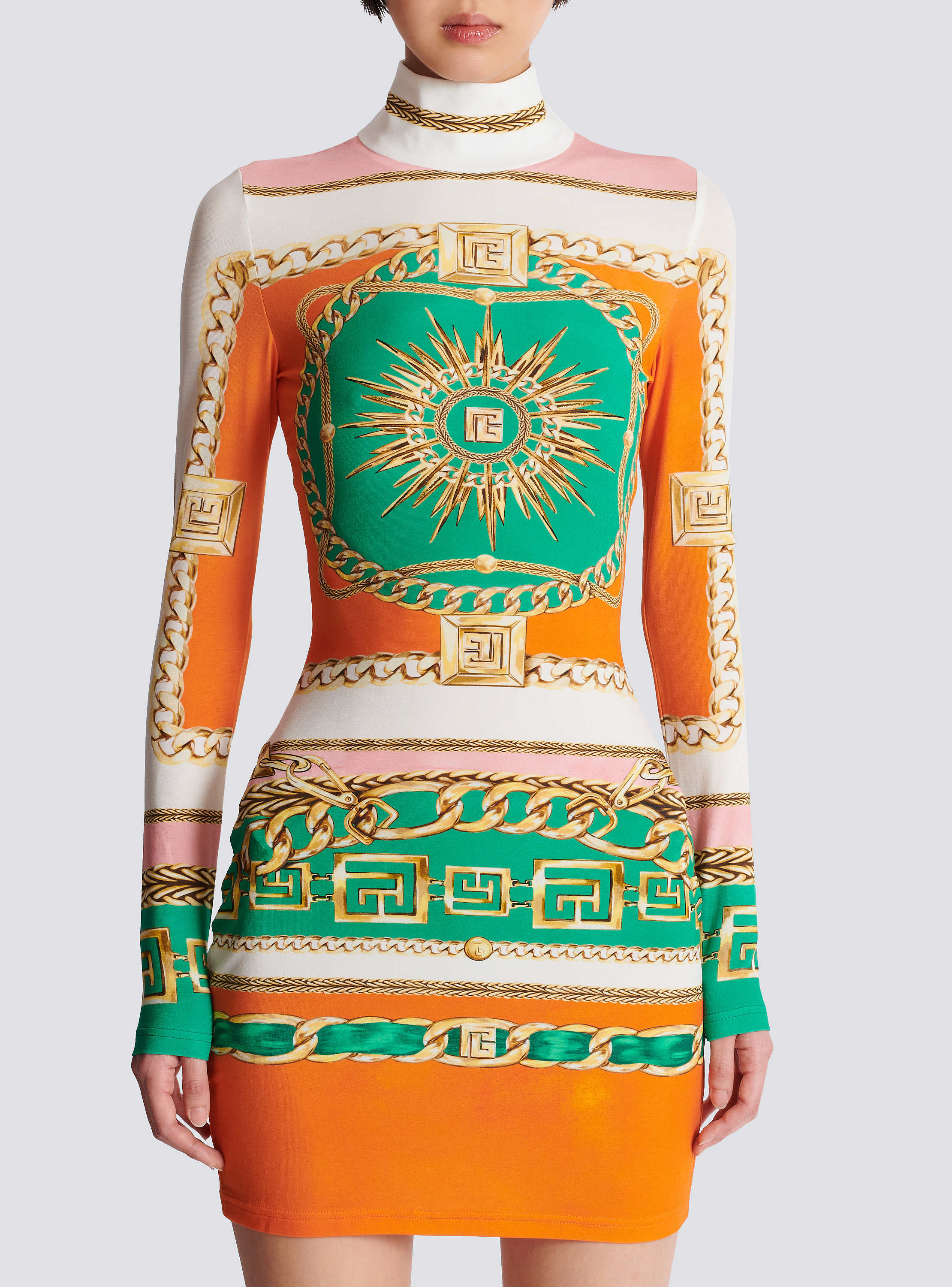 Short printed bodycon dress with Balmain Foulard pattern