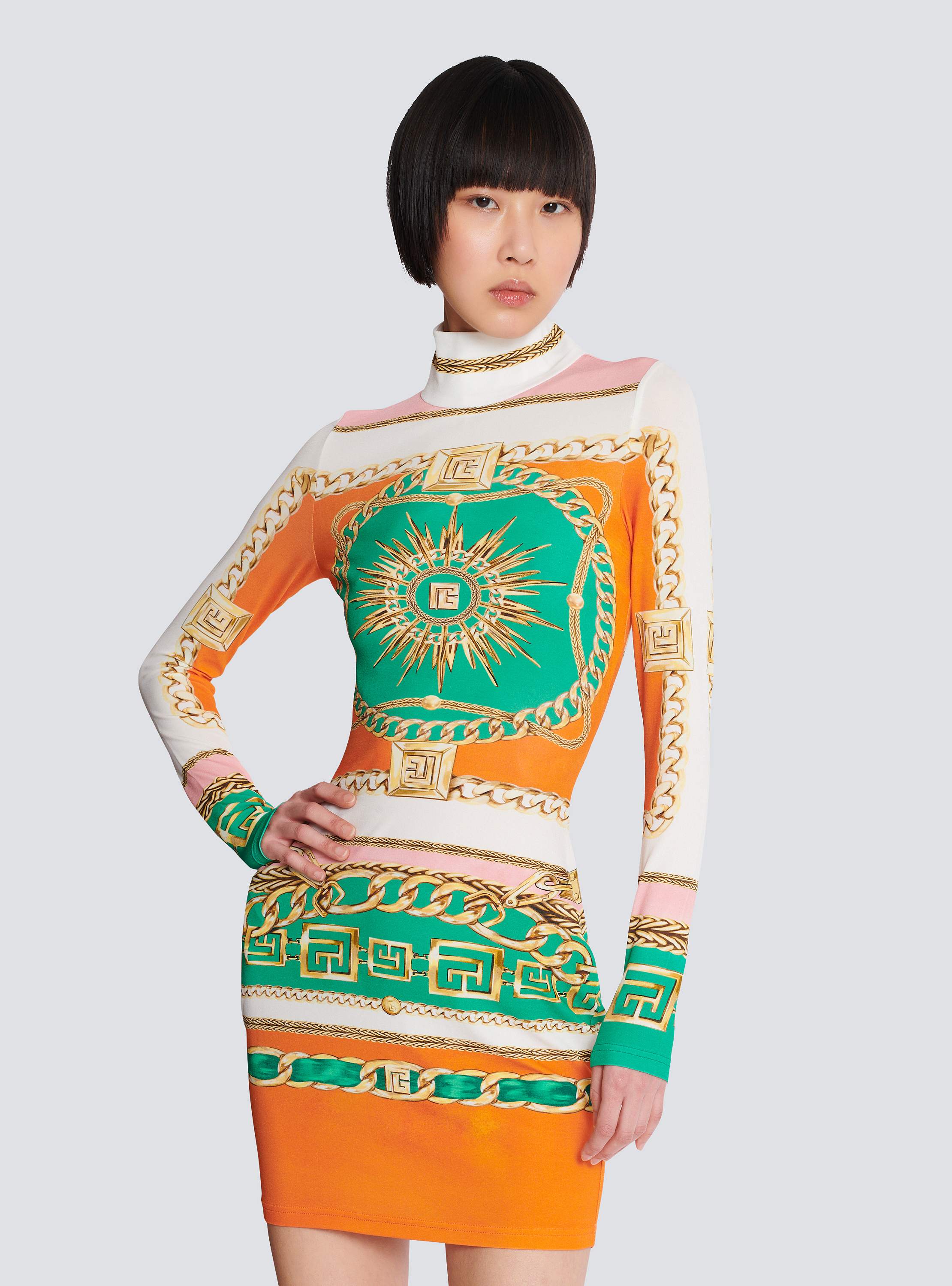 Short printed bodycon dress with Balmain Foulard pattern
