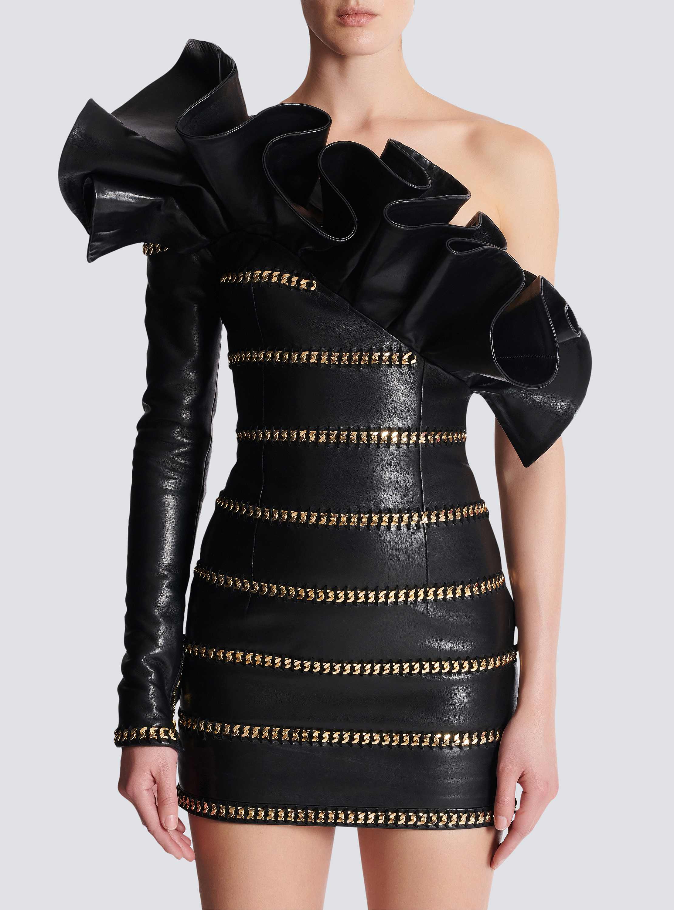 Asymmetric leather bodycon dress with chains