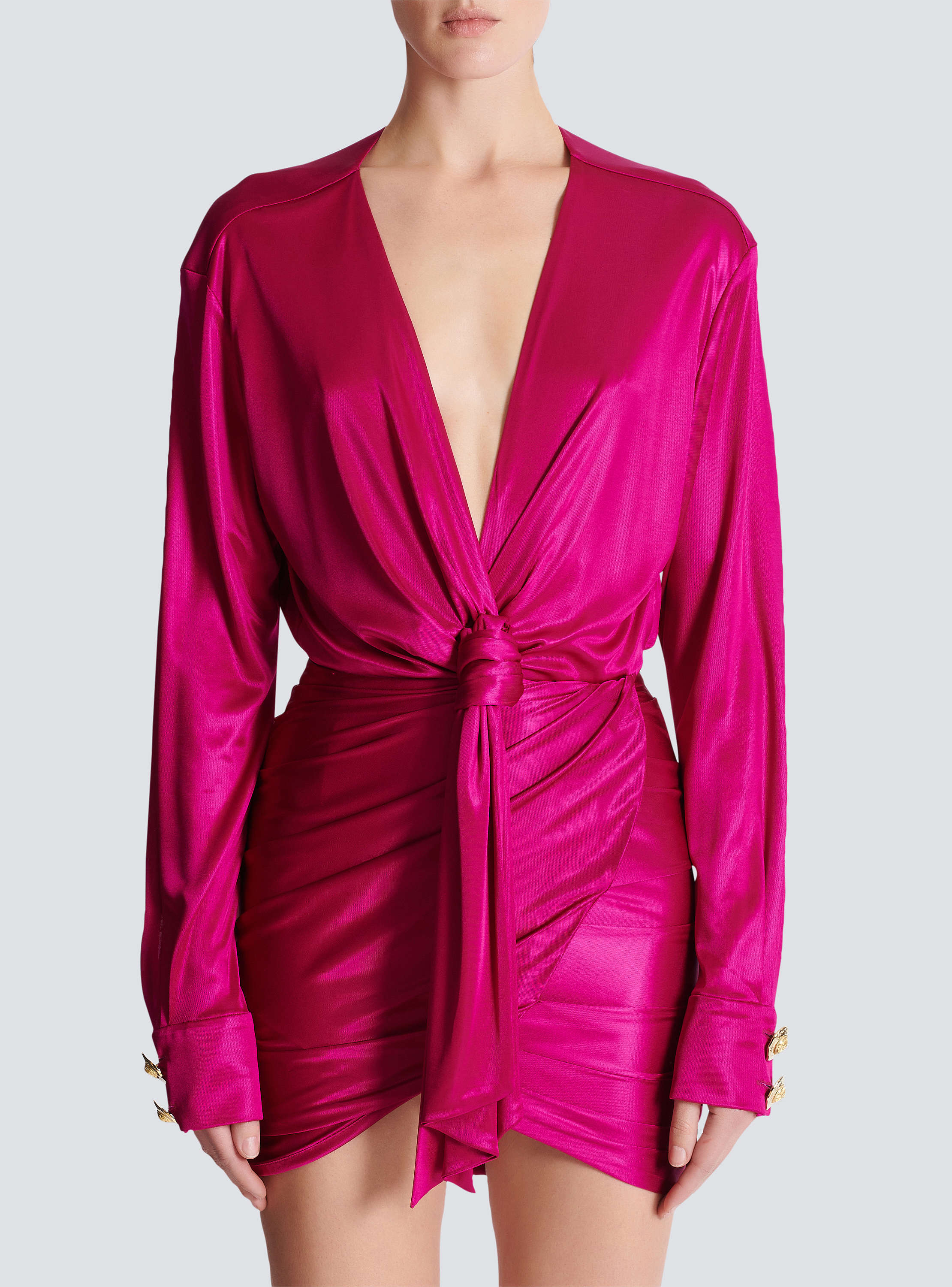 BALMAIN ホスフリントツイルトラウサ CF1PM020SD44 EJS Short draped interlock jersey dress pink pink - Women | BALMAIN