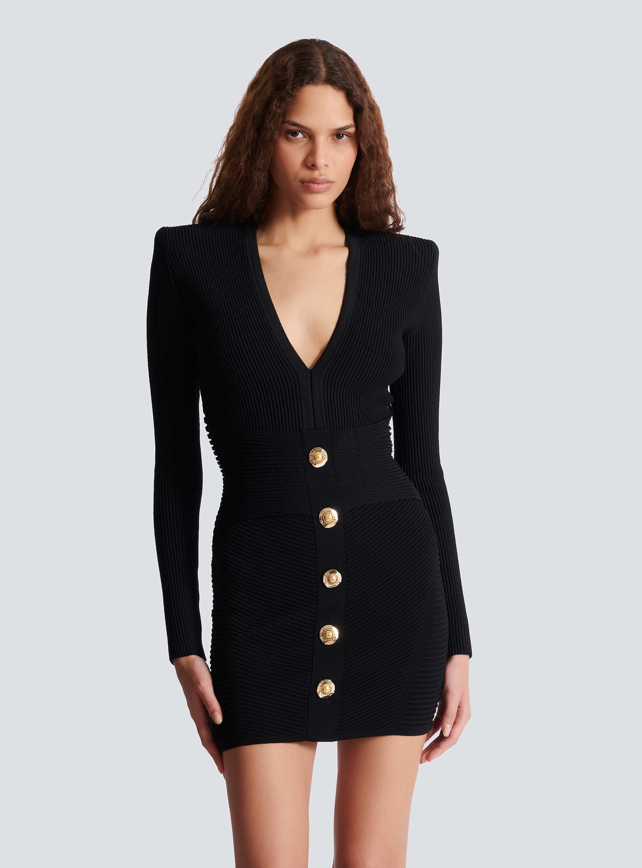 新品 BALMAIN ブラック ストライプ ニット XS 肩ボタン付 Short knitted dress with gold buttons black black - Women