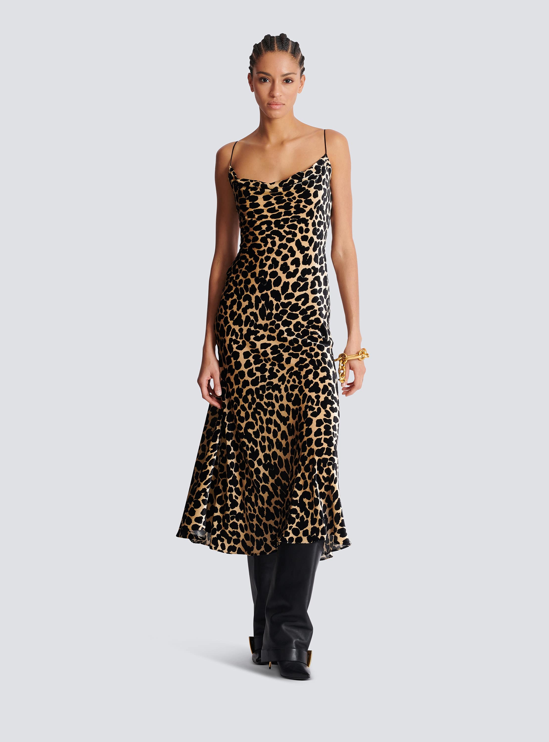 Flowing leopard print velvet dress