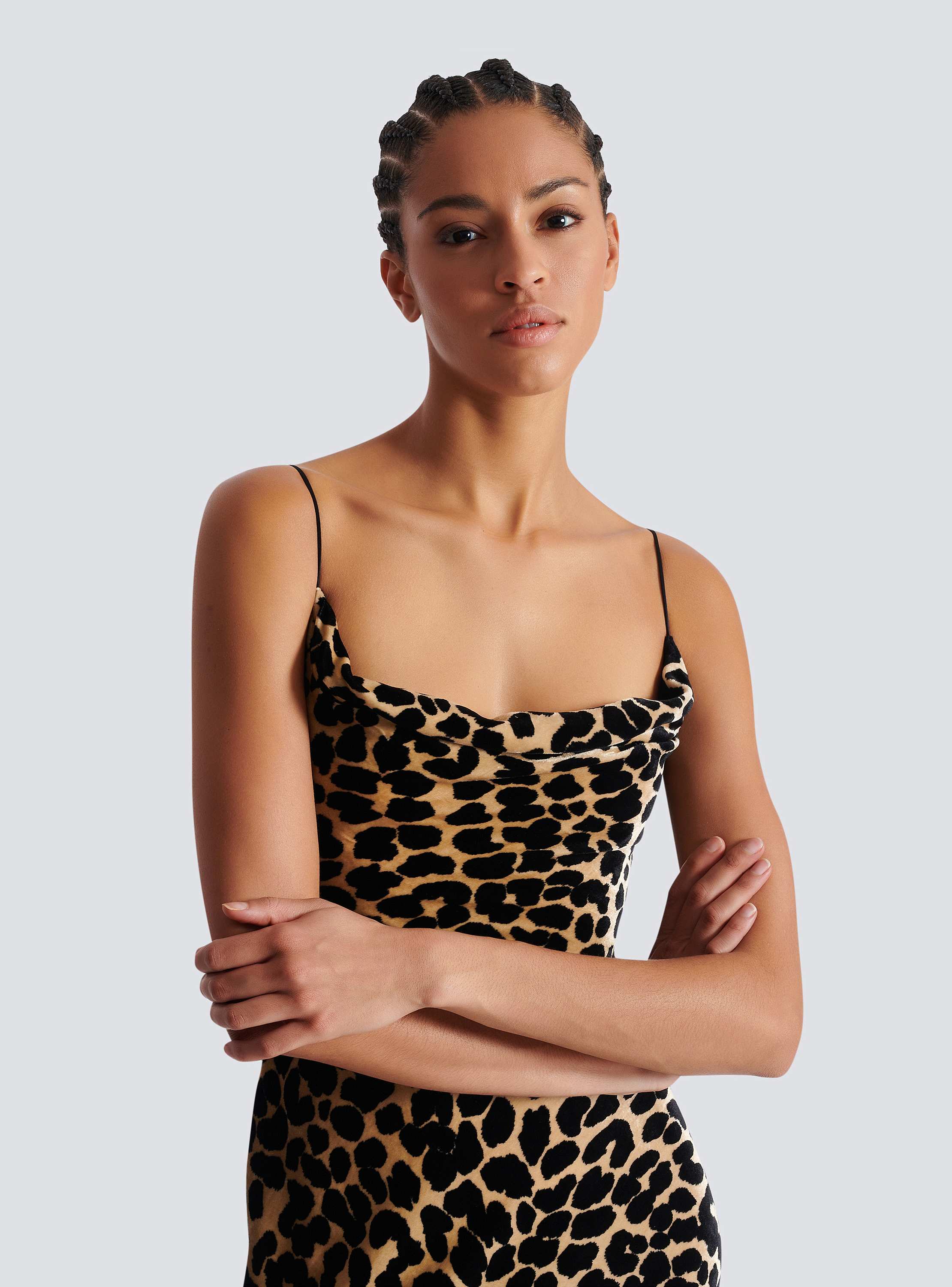 Flowing leopard print velvet dress