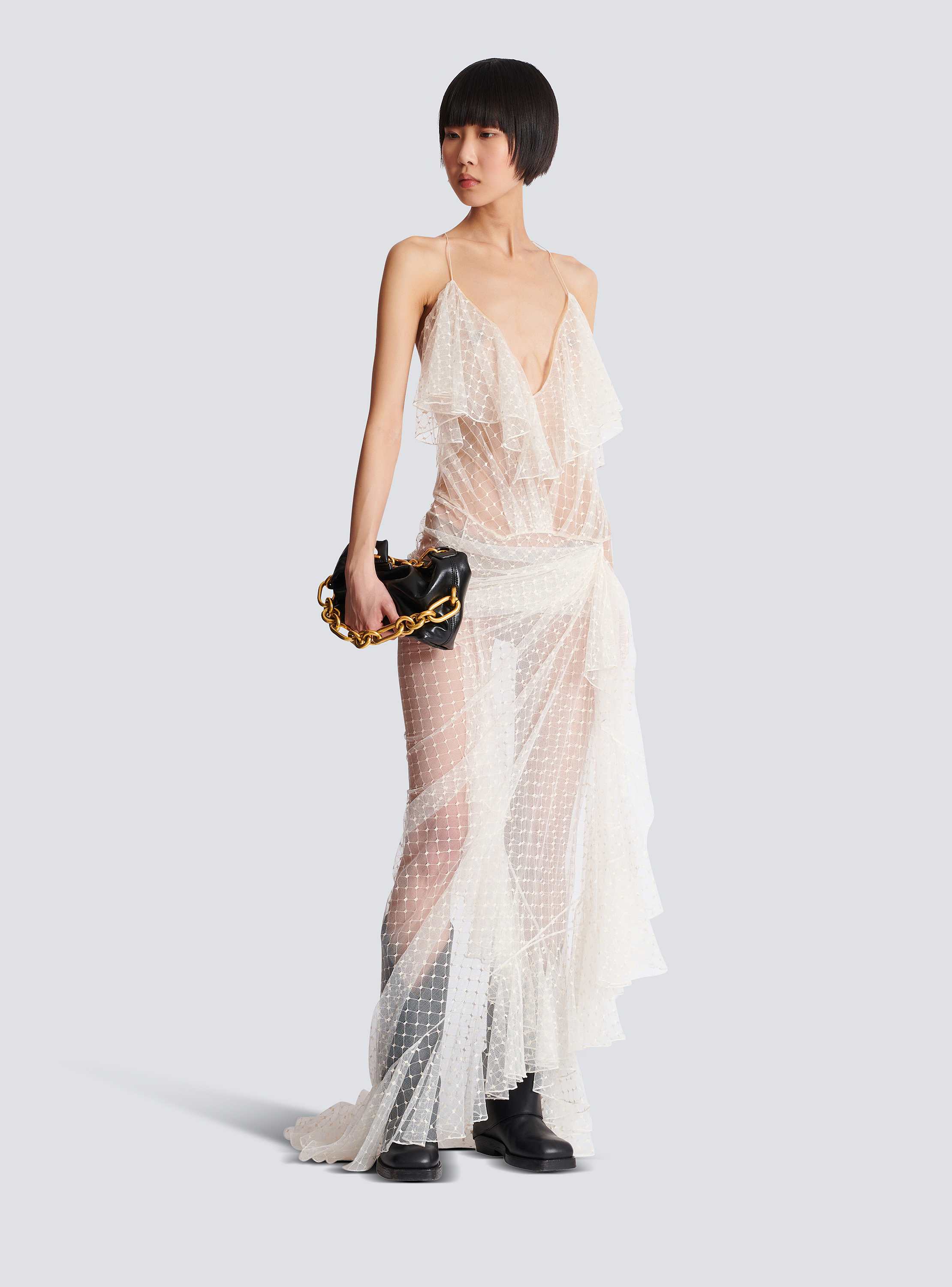 BALMAIN ホスフリントツイルトラウサ CF1PM020SD44 EJS Short draped interlock jersey dress pink pink - Women | BALMAIN