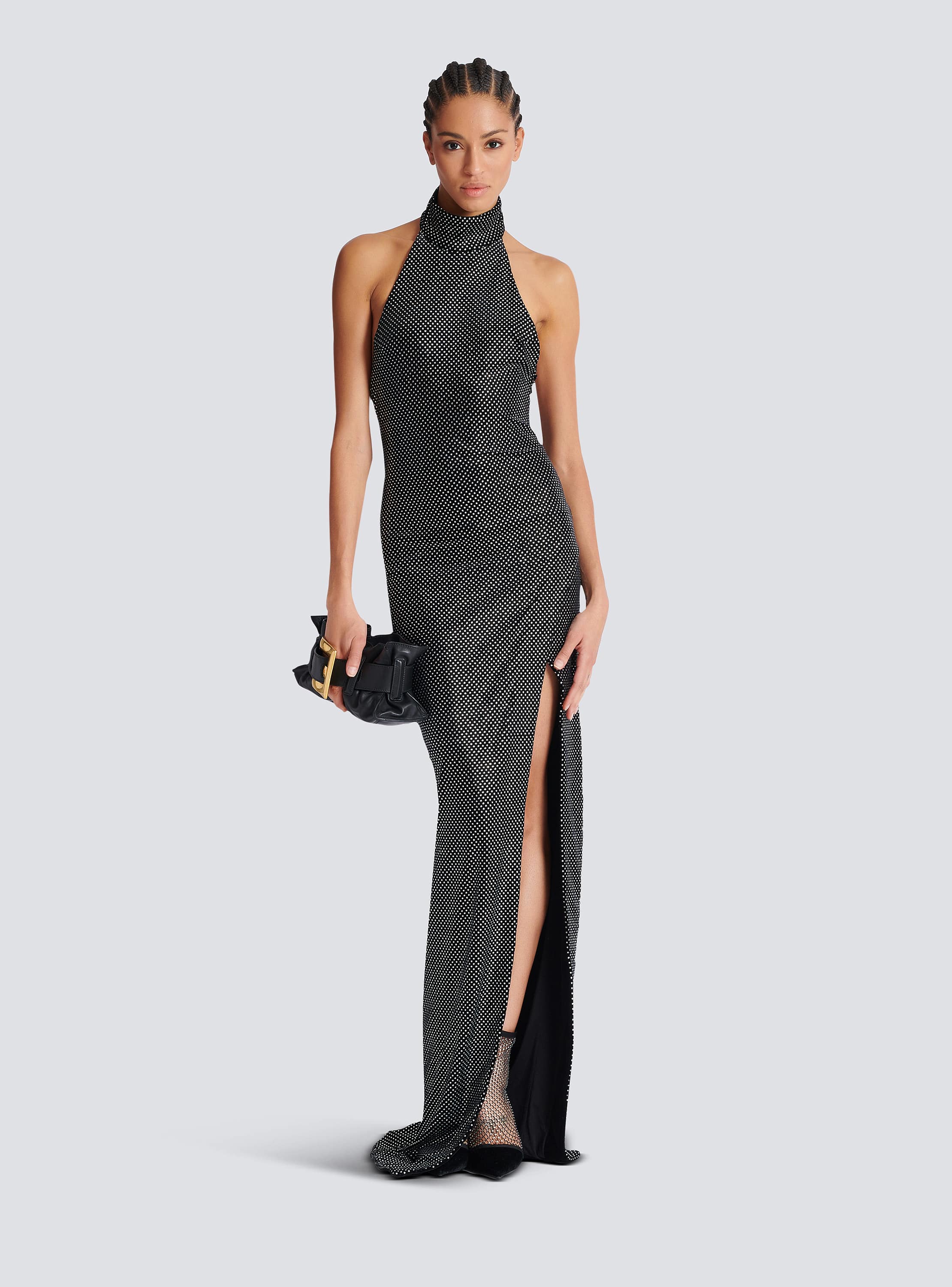 Long velvet halterneck dress with rhinestones - Women | BALMAIN