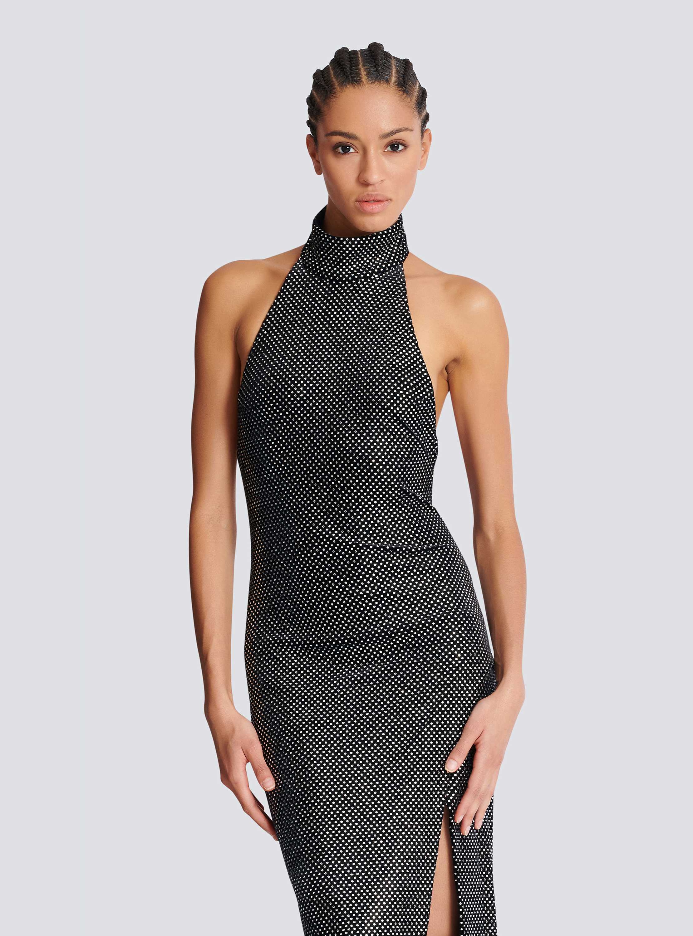 Long velvet halterneck dress with rhinestones - Women | BALMAIN