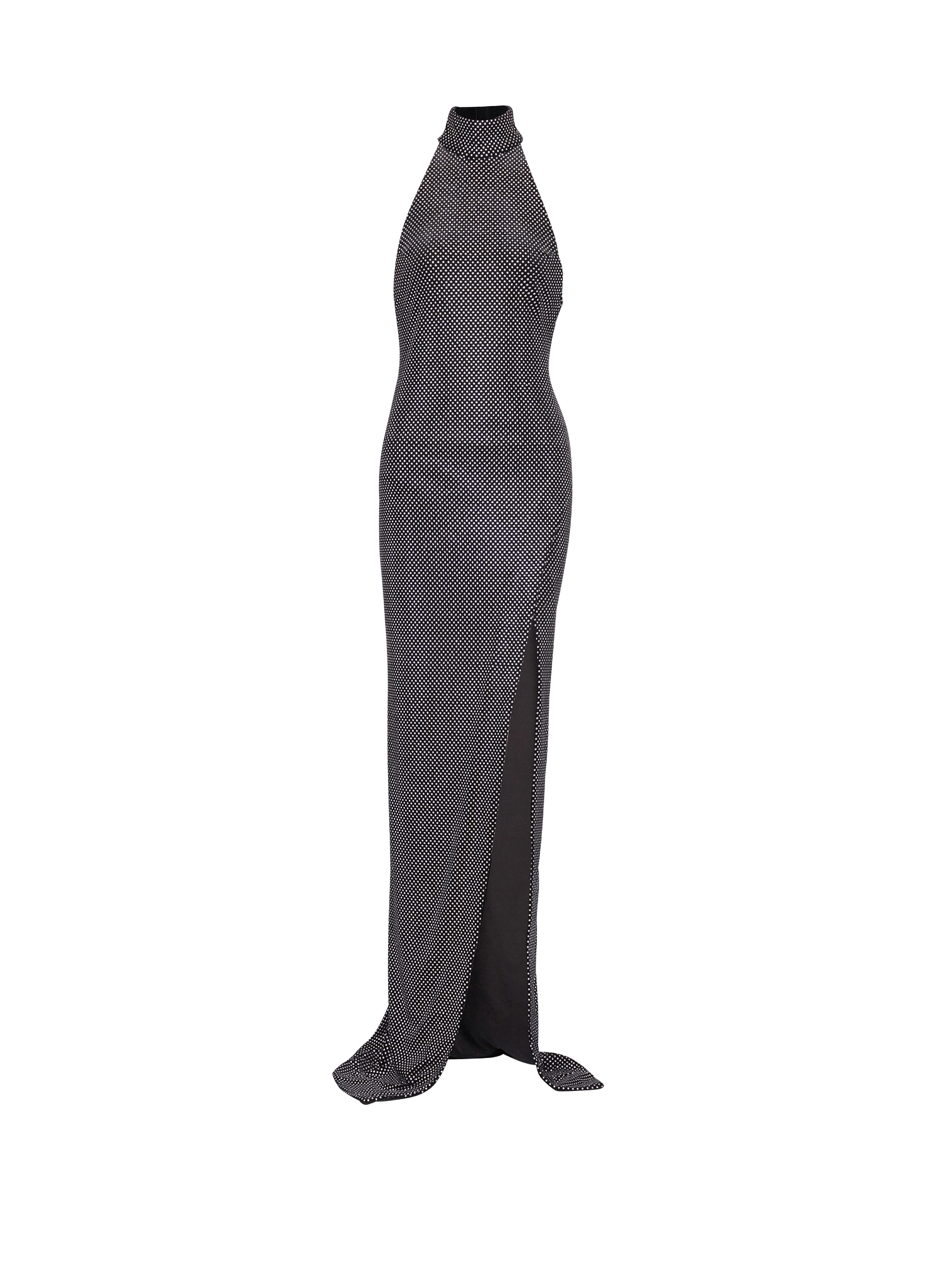Long velvet halterneck dress with rhinestones