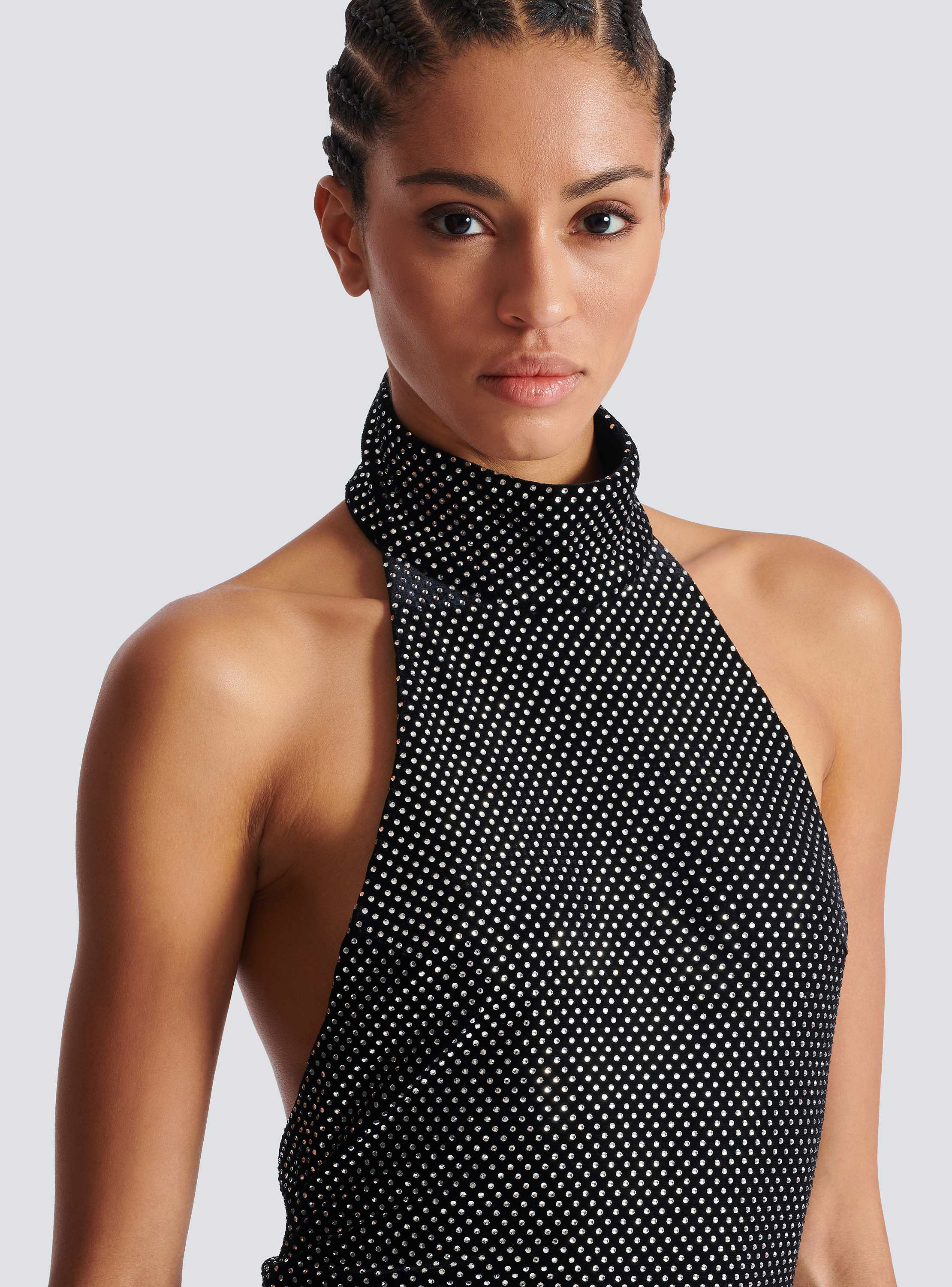 Long velvet halterneck dress with rhinestones