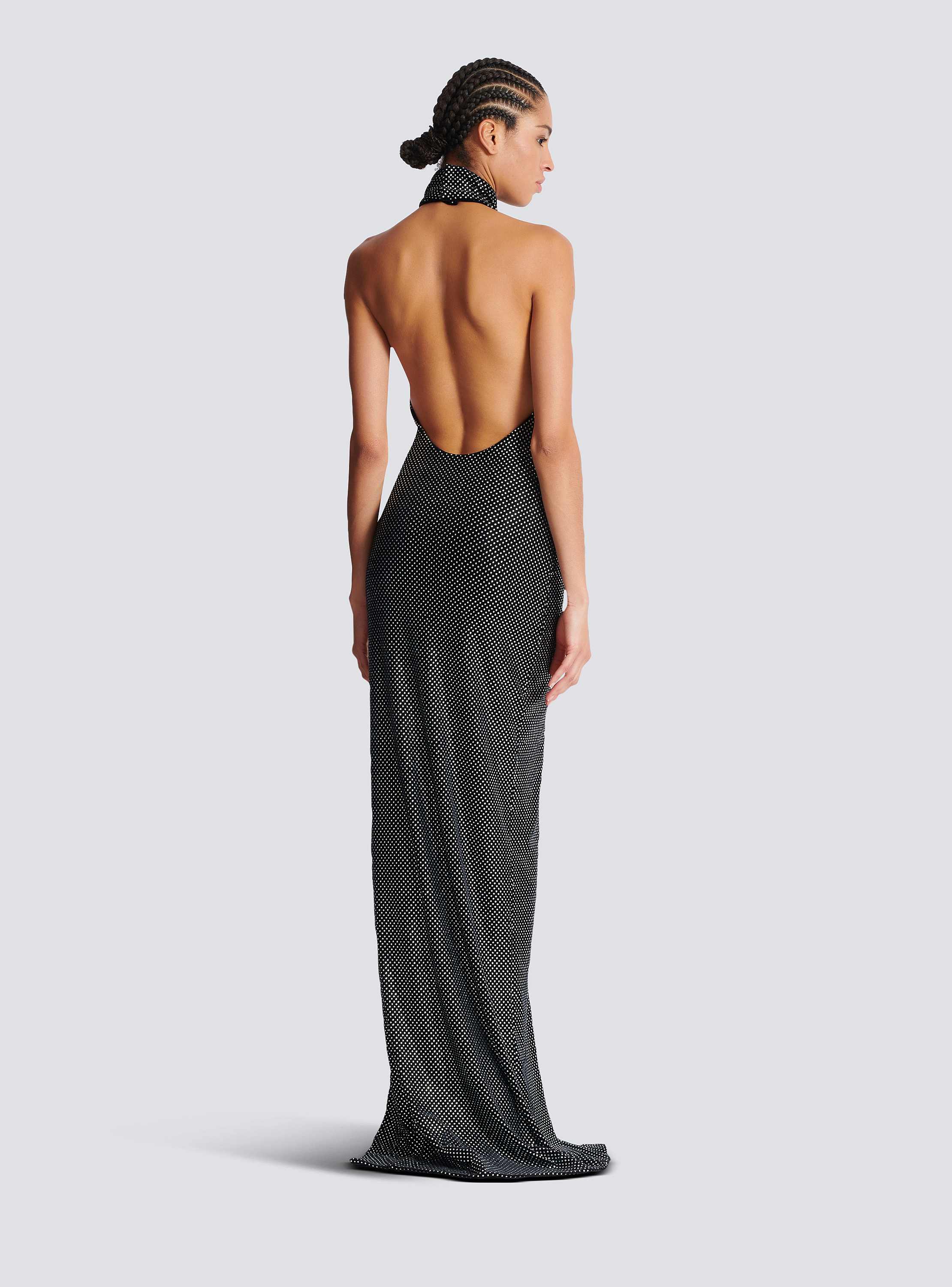 Long velvet halterneck dress with rhinestones