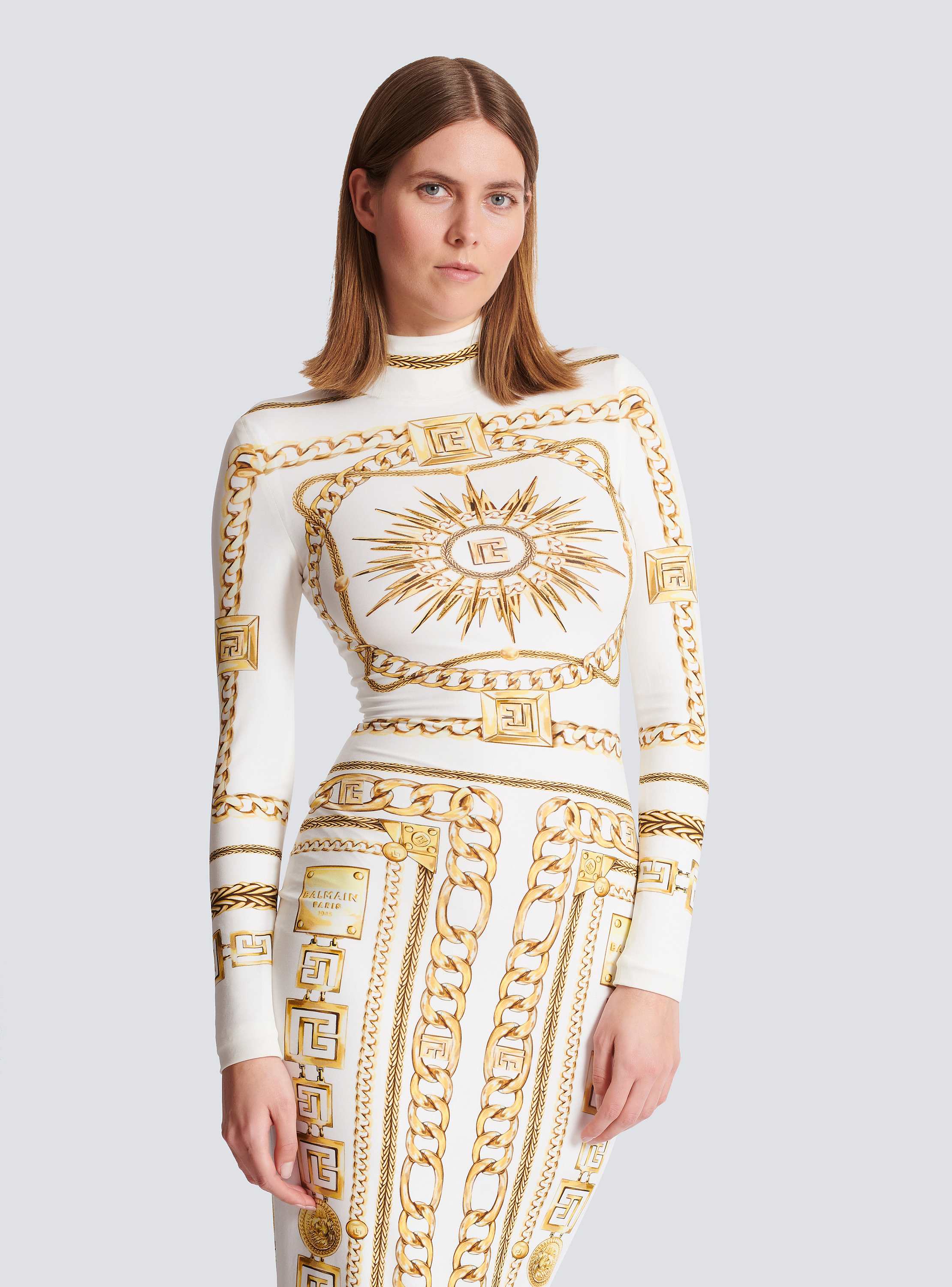 Long printed bodycon dress with Balmain Foulard pattern