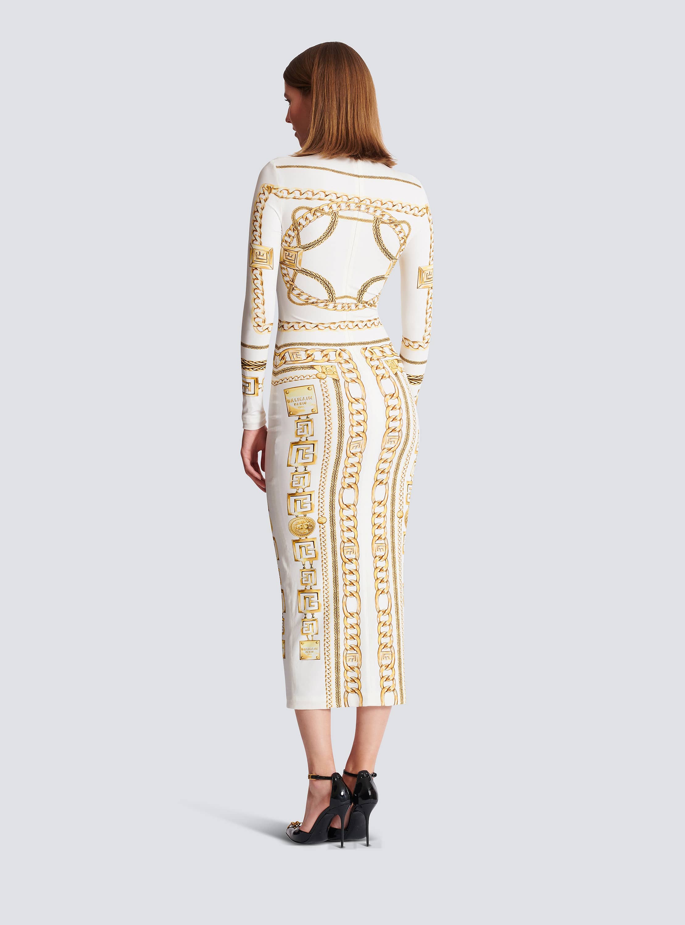 Long printed bodycon dress with Balmain Foulard pattern