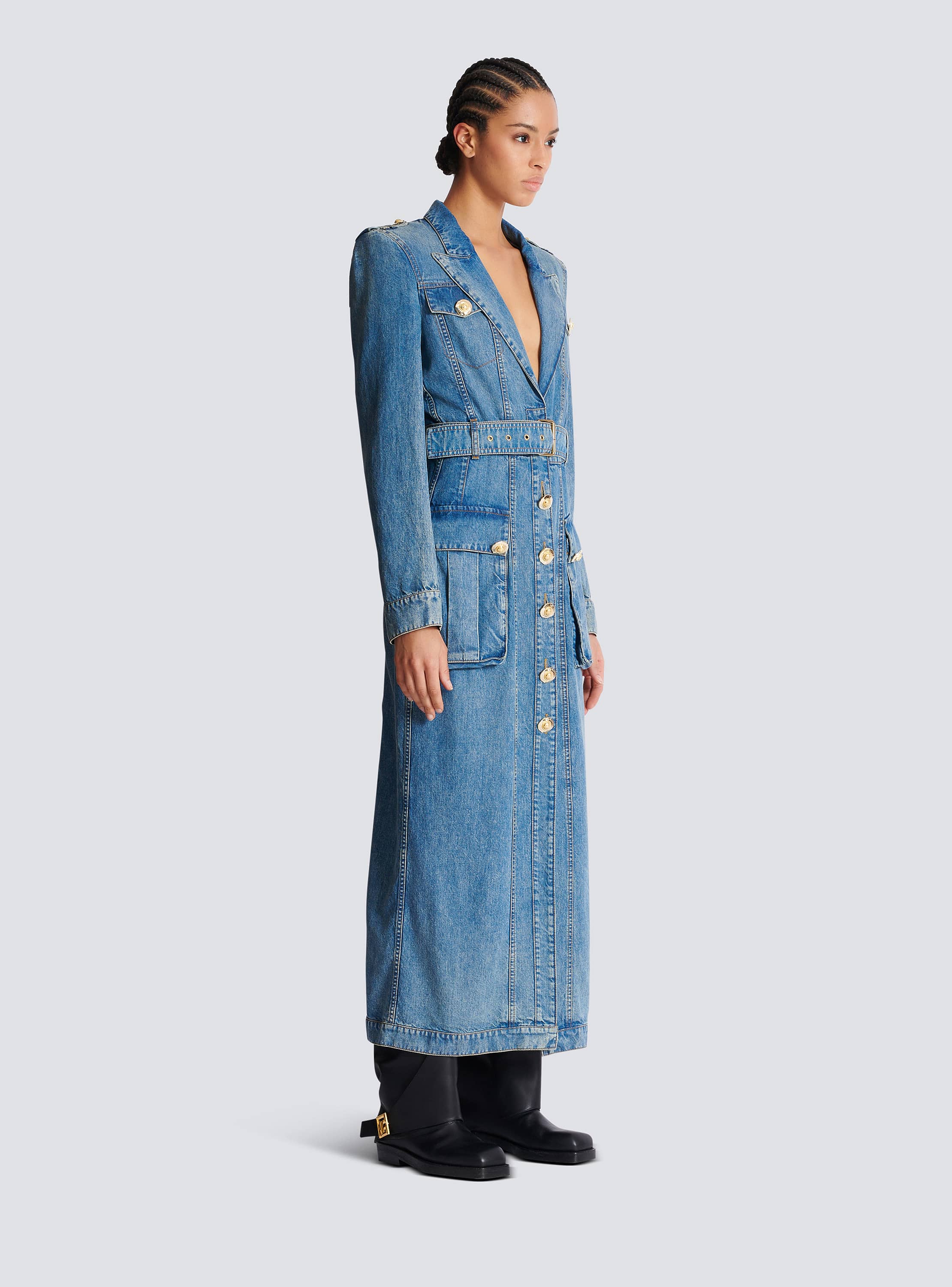 Belted 4 Pkts Long Denim Dress