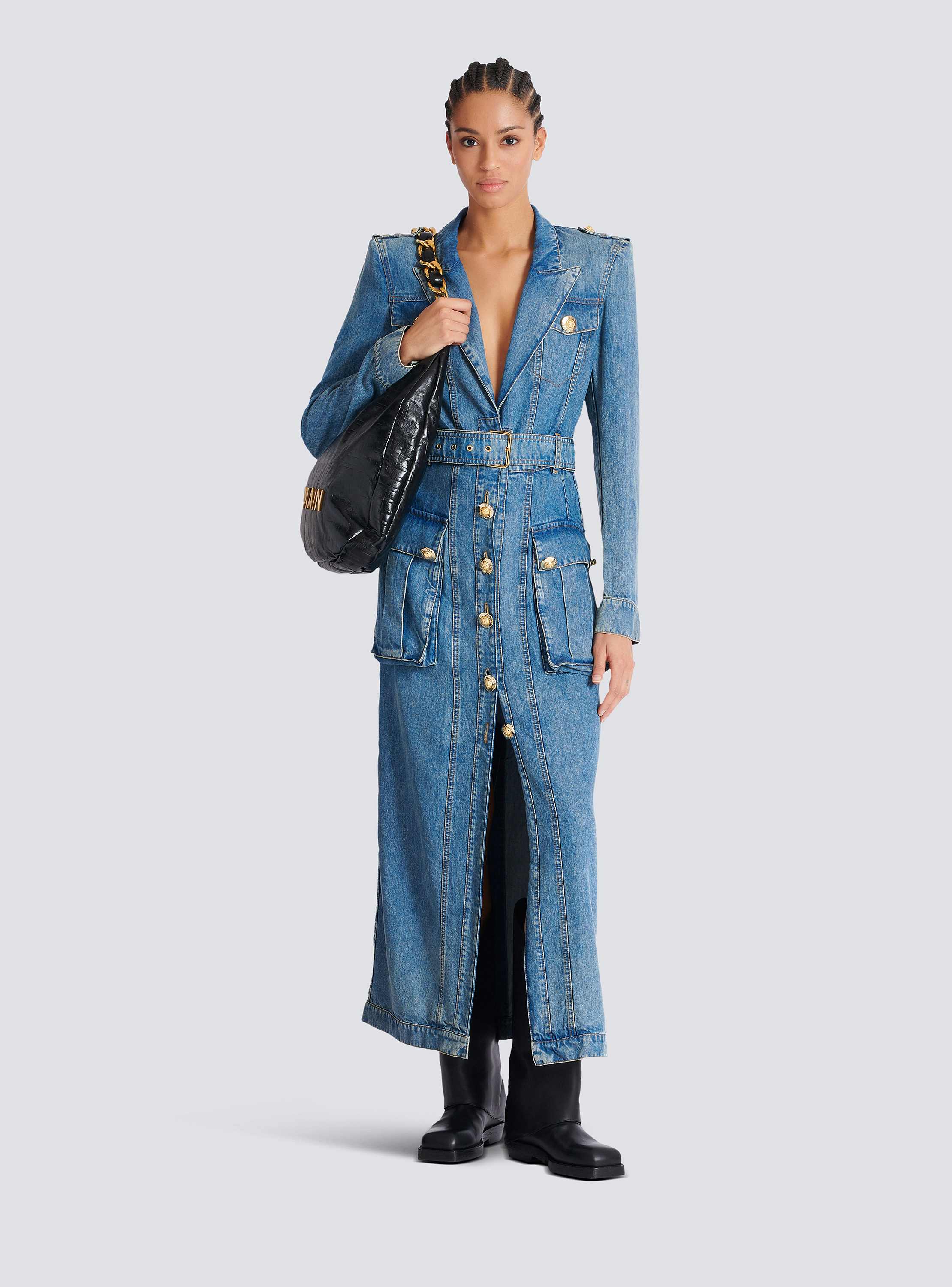 Belted 4 Pkts Long Denim Dress