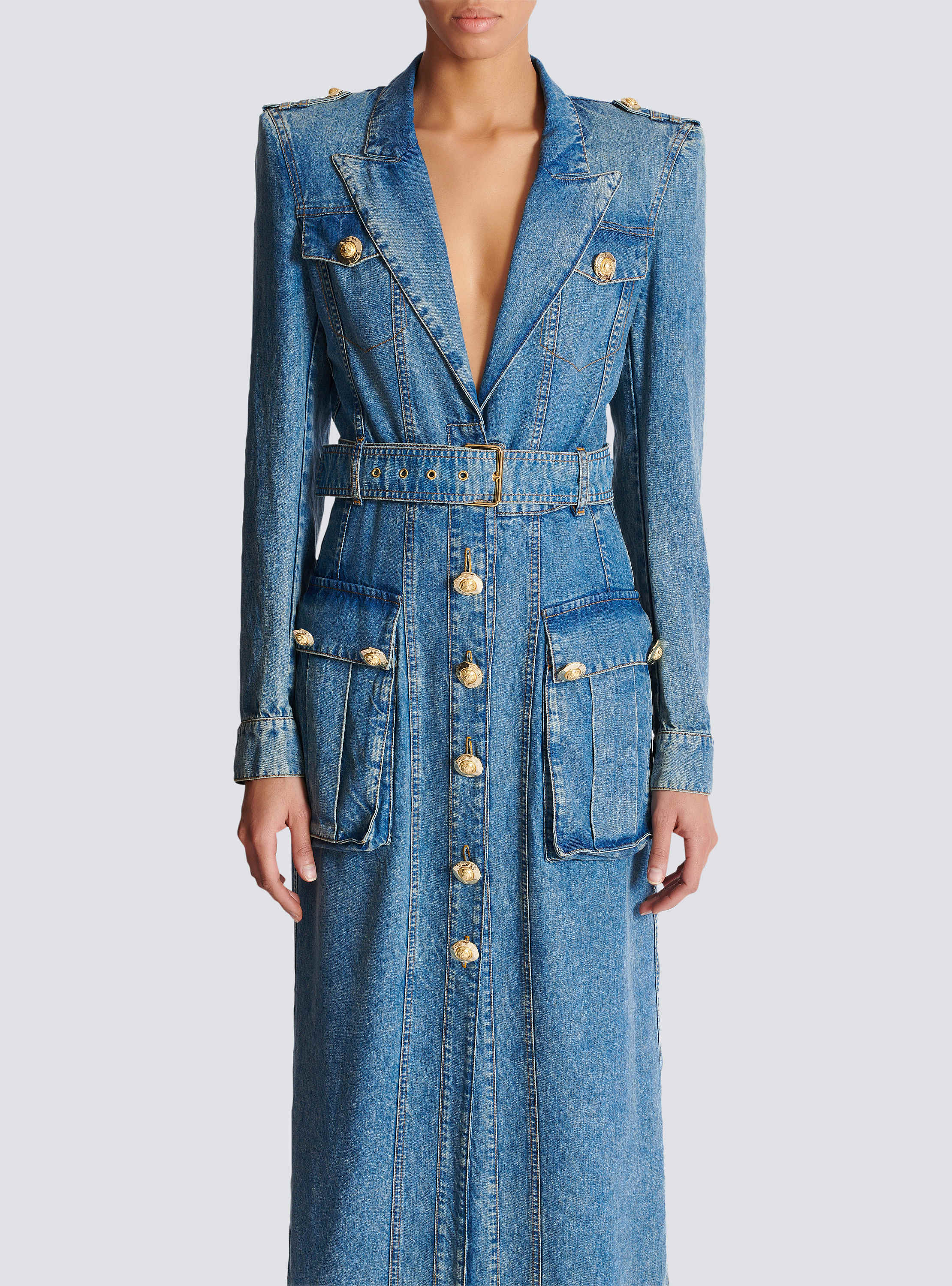 Belted 4 Pkts Long Denim Dress