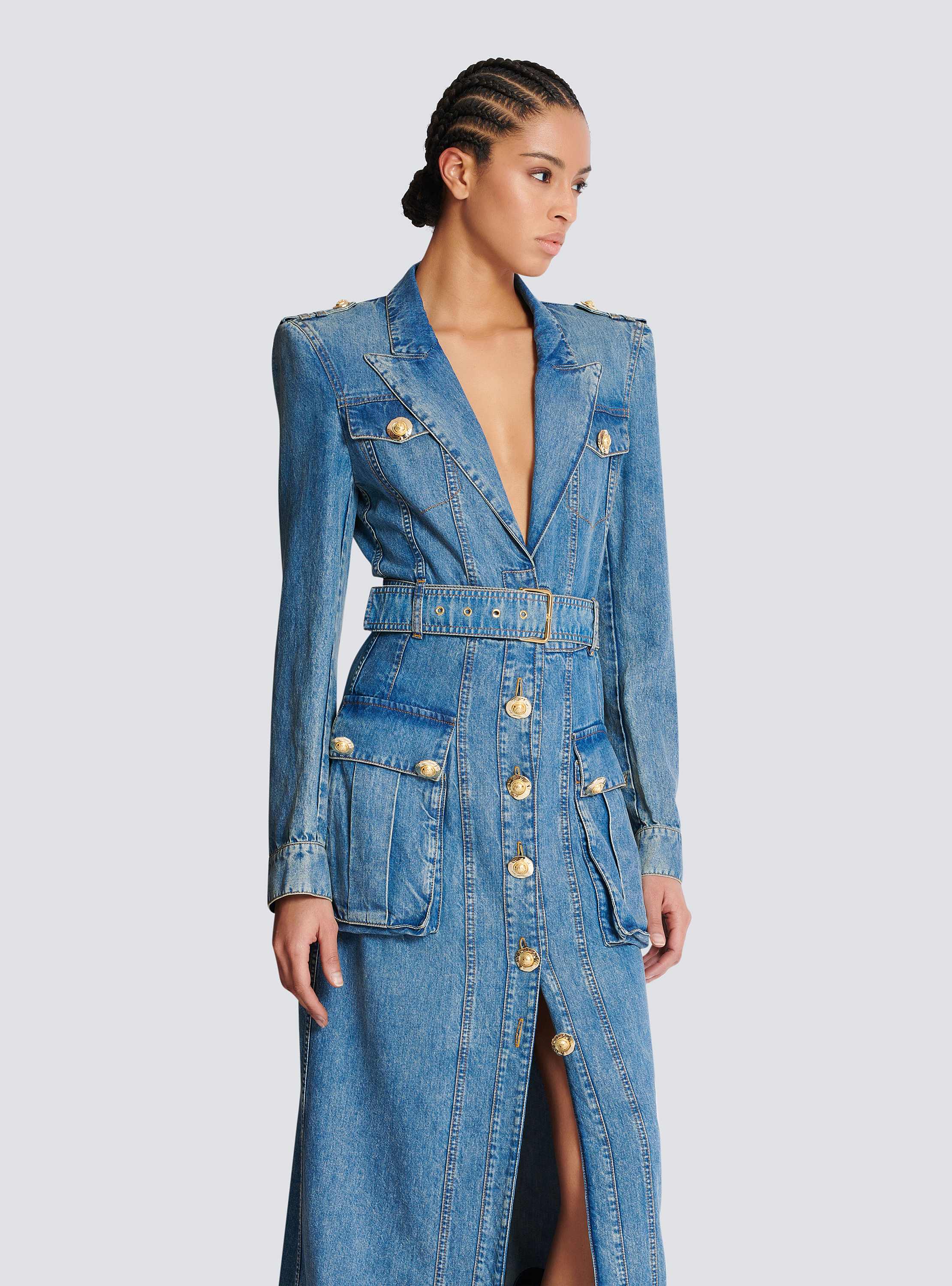 Belted 4 Pkts Long Denim Dress