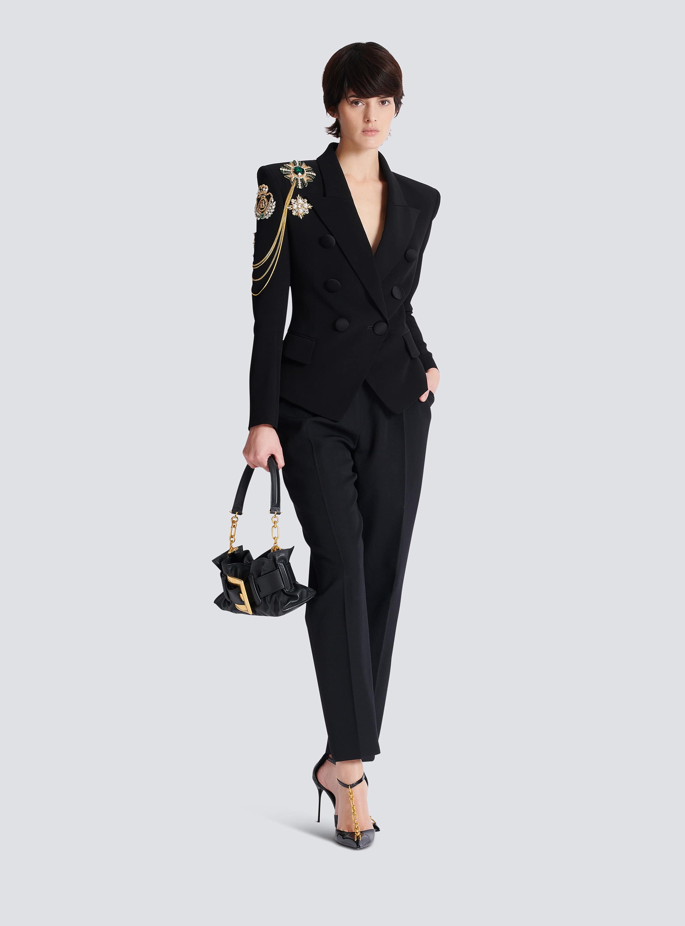 Crepe 6-button jacket with embroidered patches black - Women