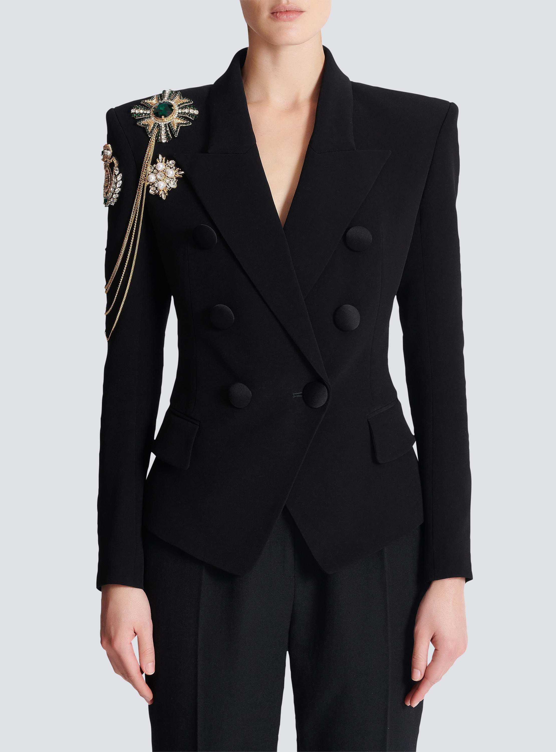 Crepe 6-button jacket with embroidered patches black - Women