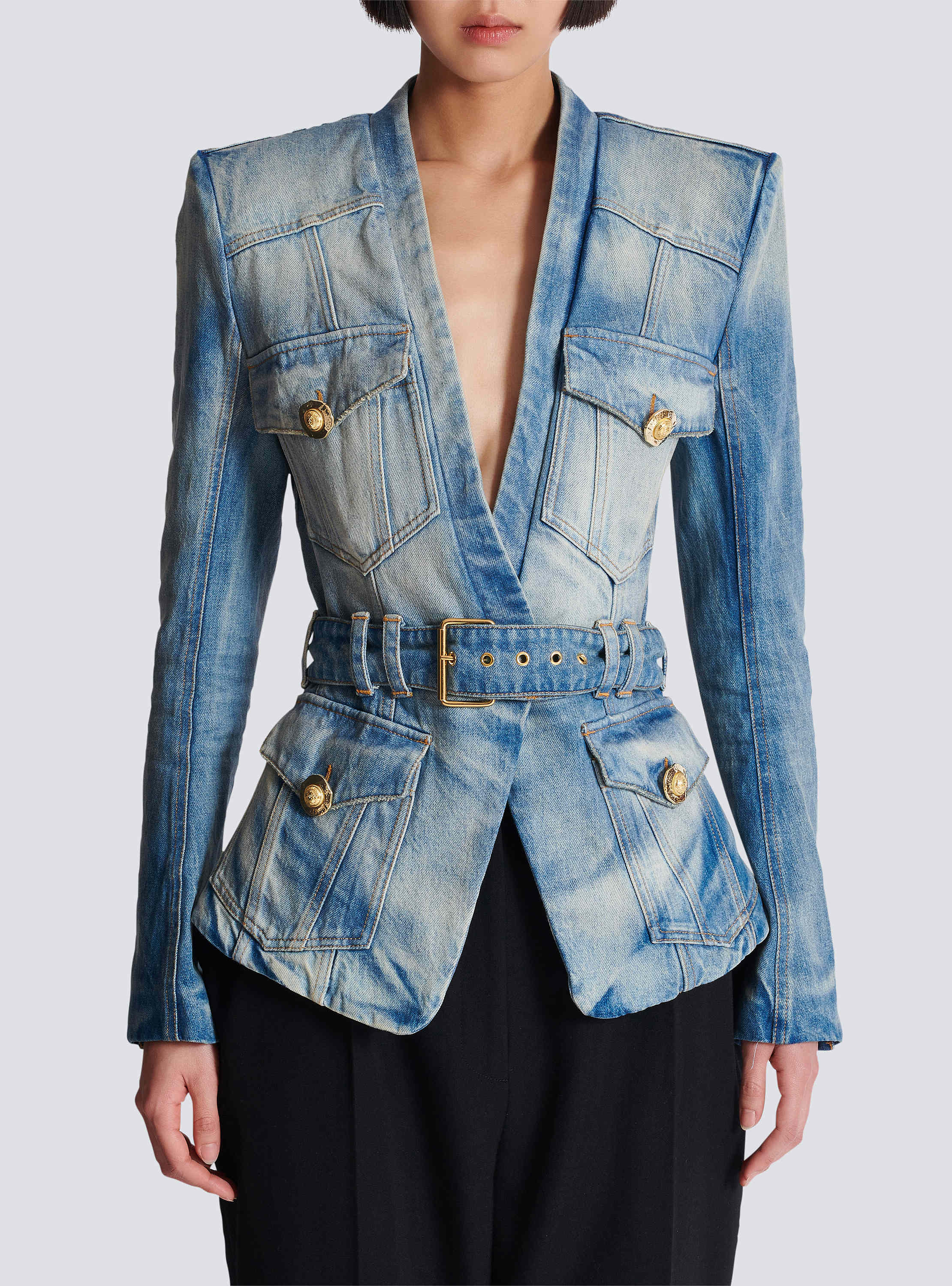 1-button belted denim jacket