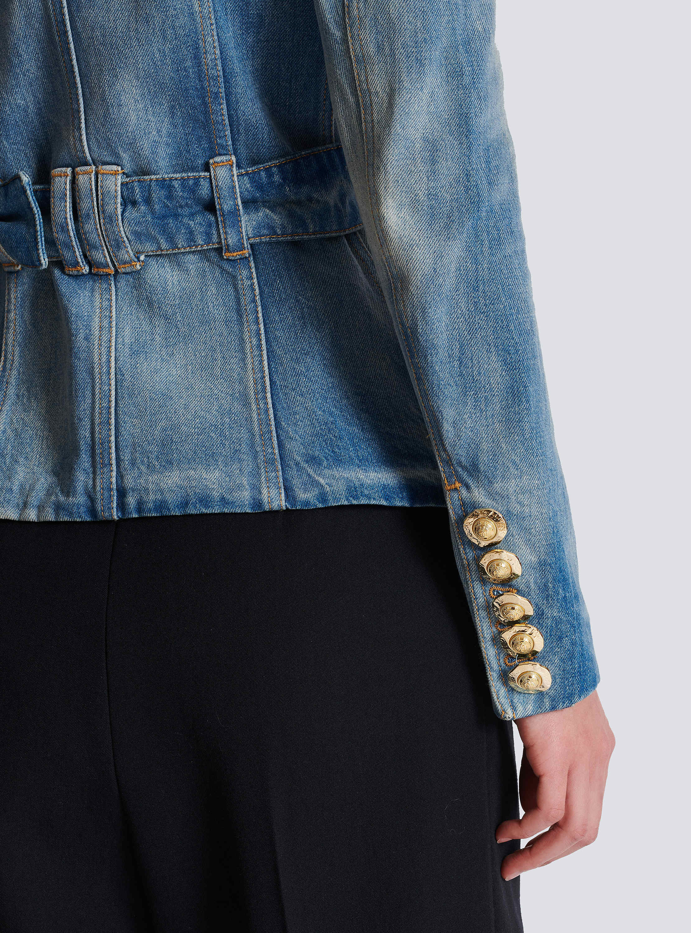 1-button belted denim jacket