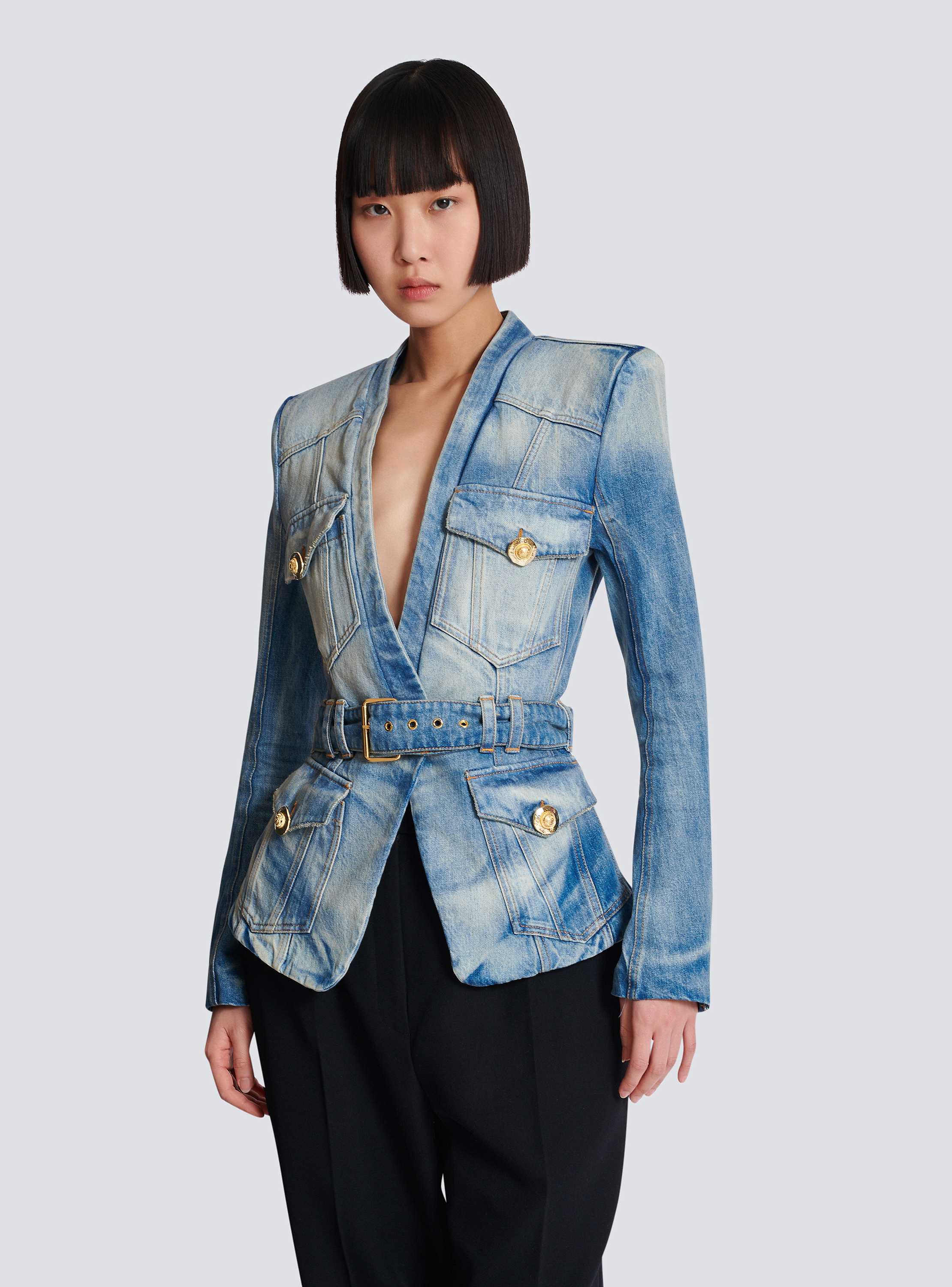 1-button belted denim jacket