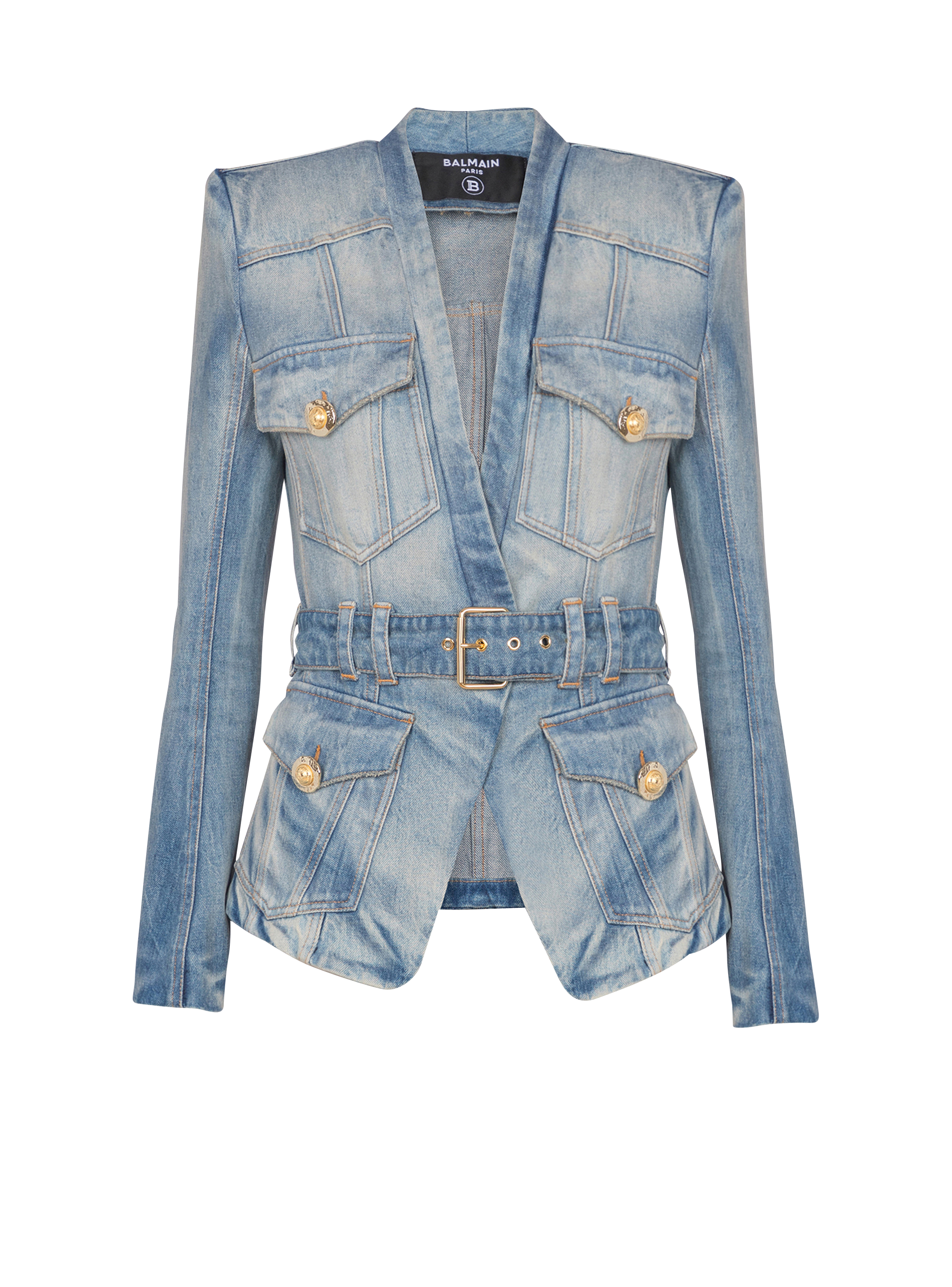 1-button belted denim jacket