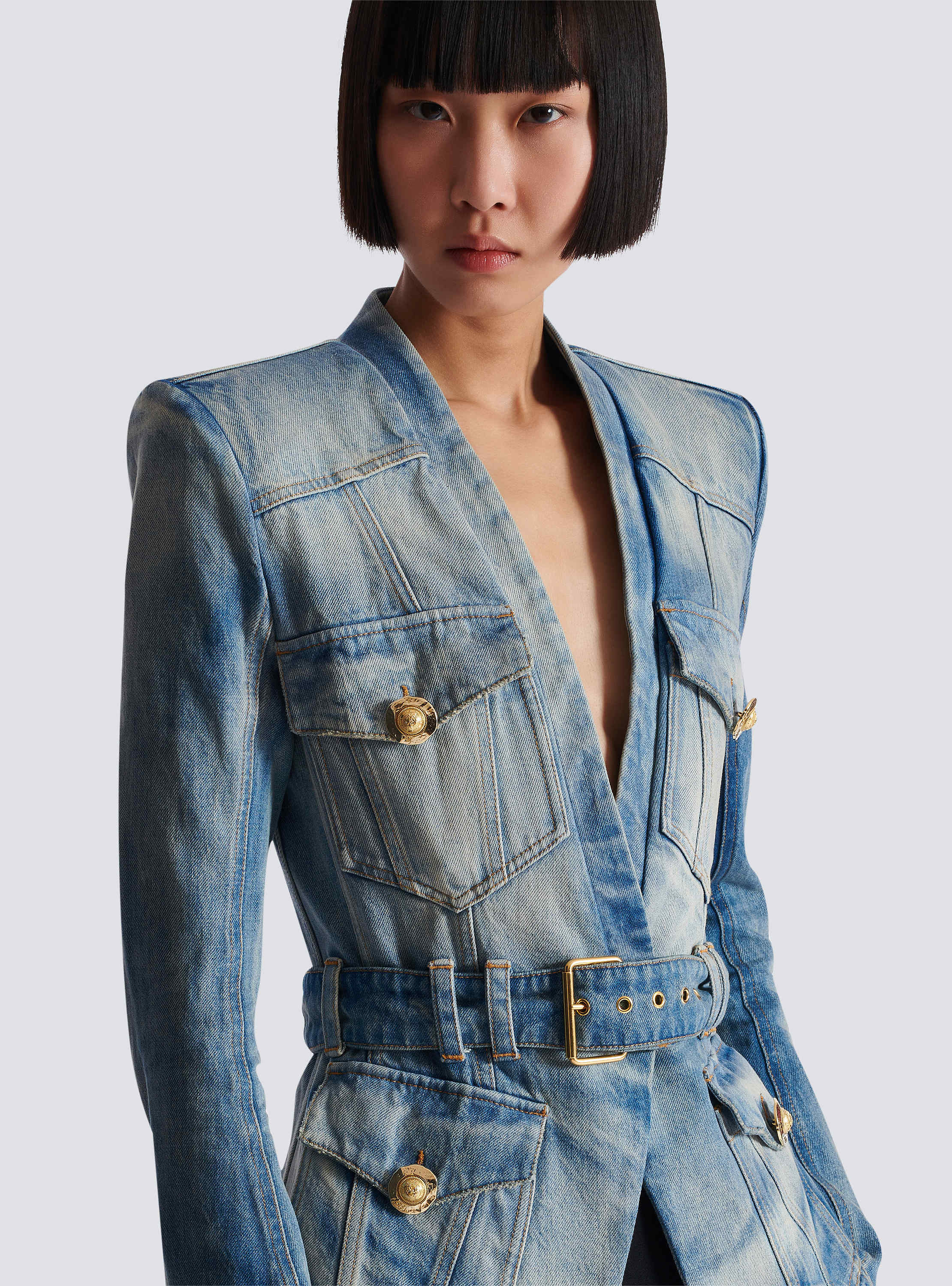 1-button belted denim jacket