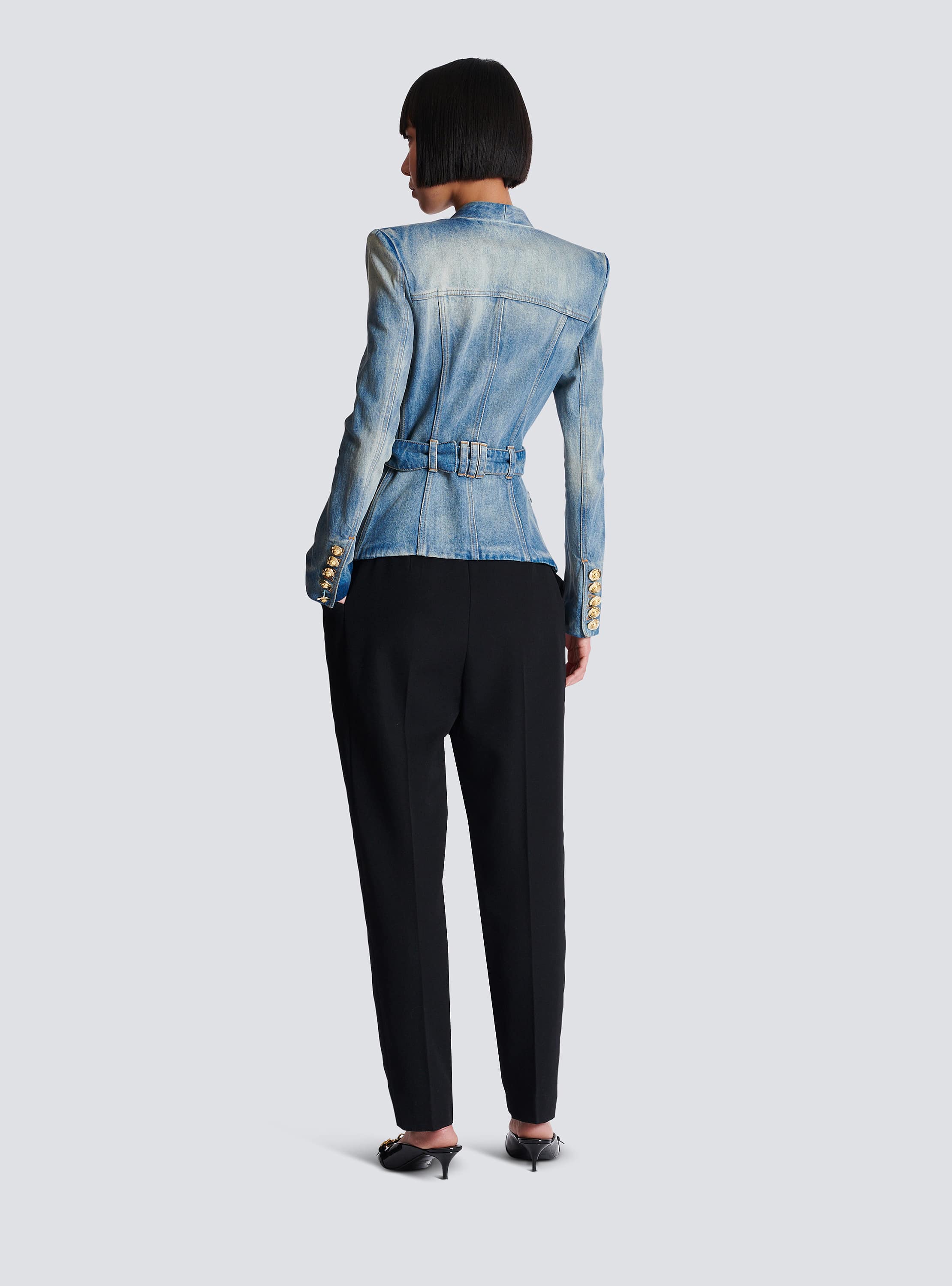 1-button belted denim jacket