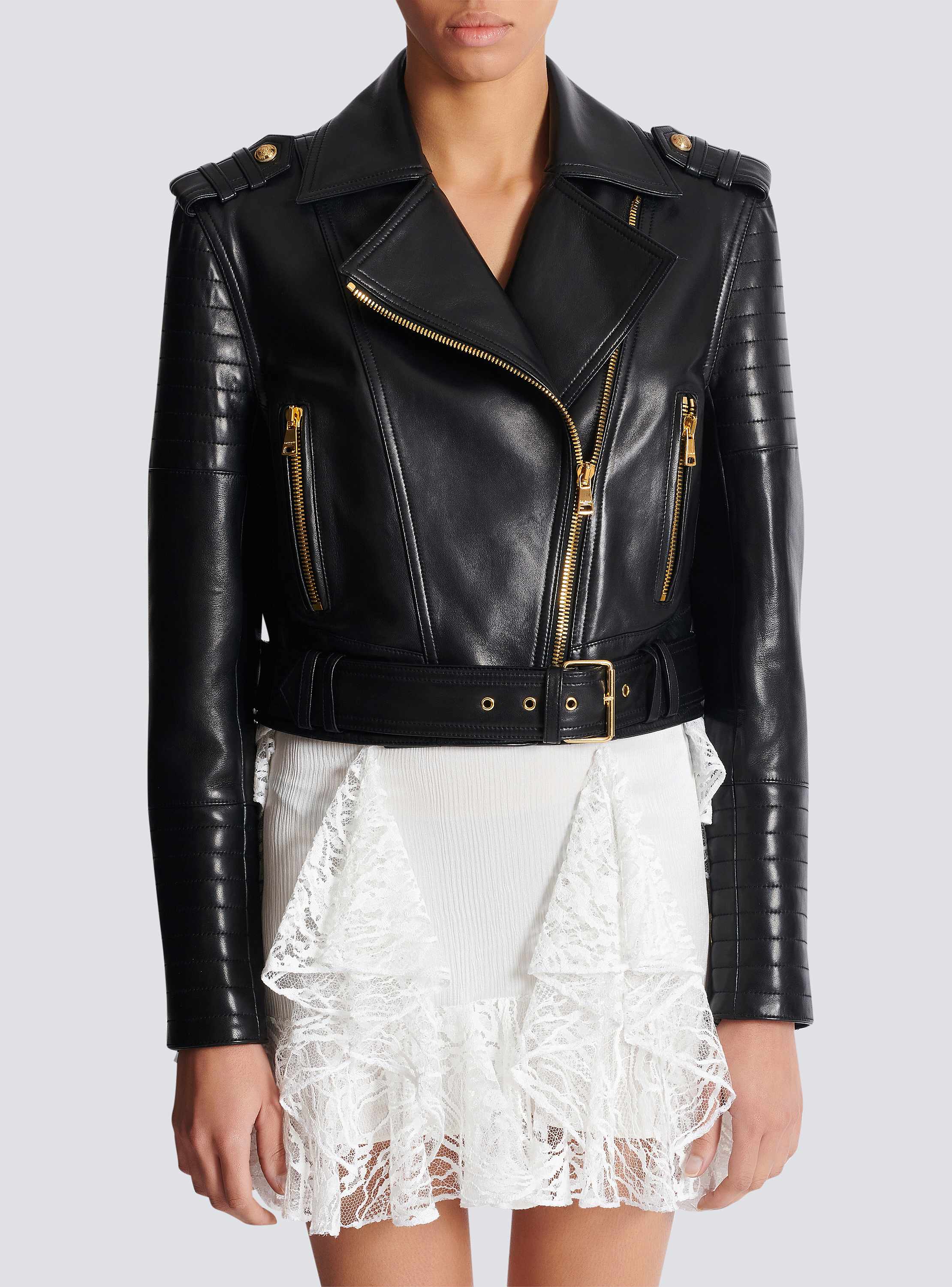 Cropped Belted Lambskin Biker Jacket