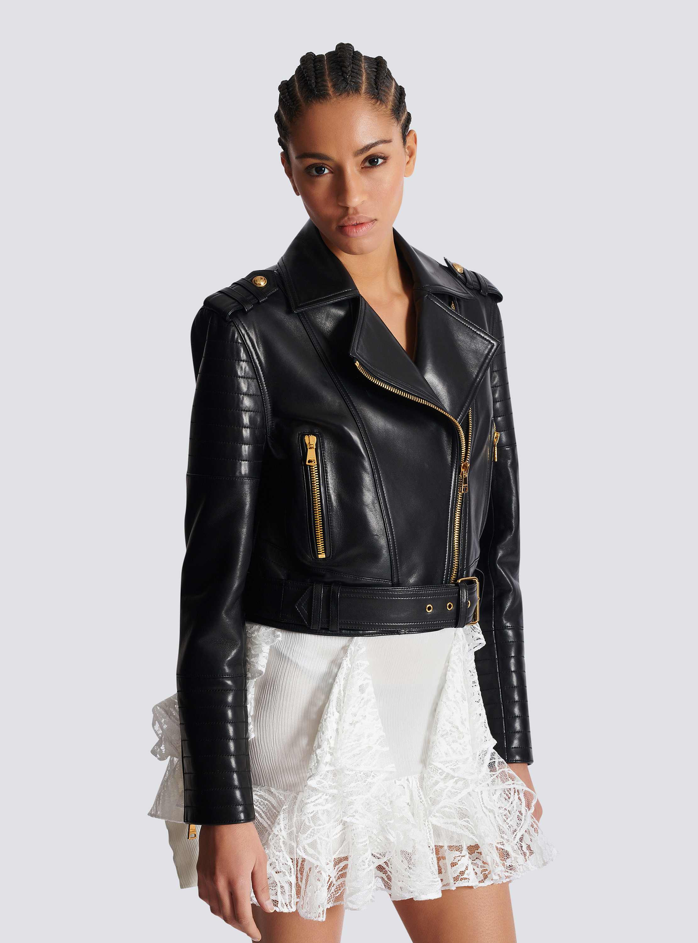 Cropped Belted Lambskin Biker Jacket