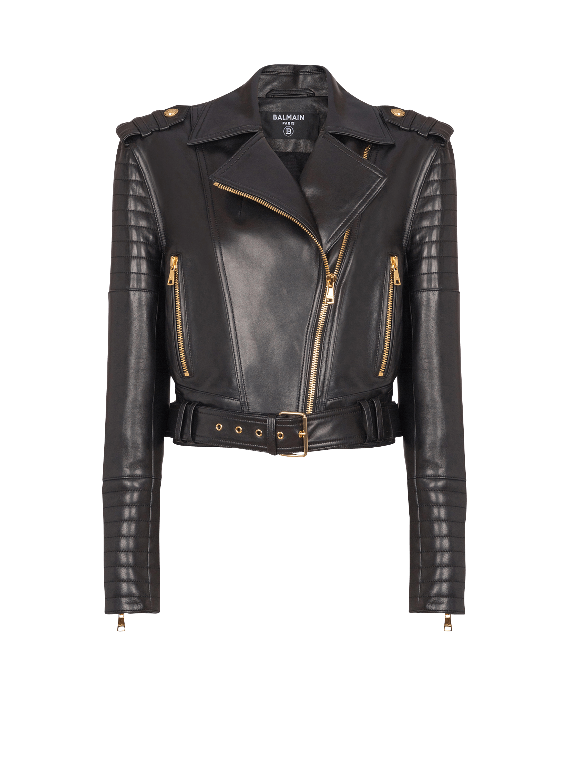 Cropped Belted Lambskin Biker Jacket