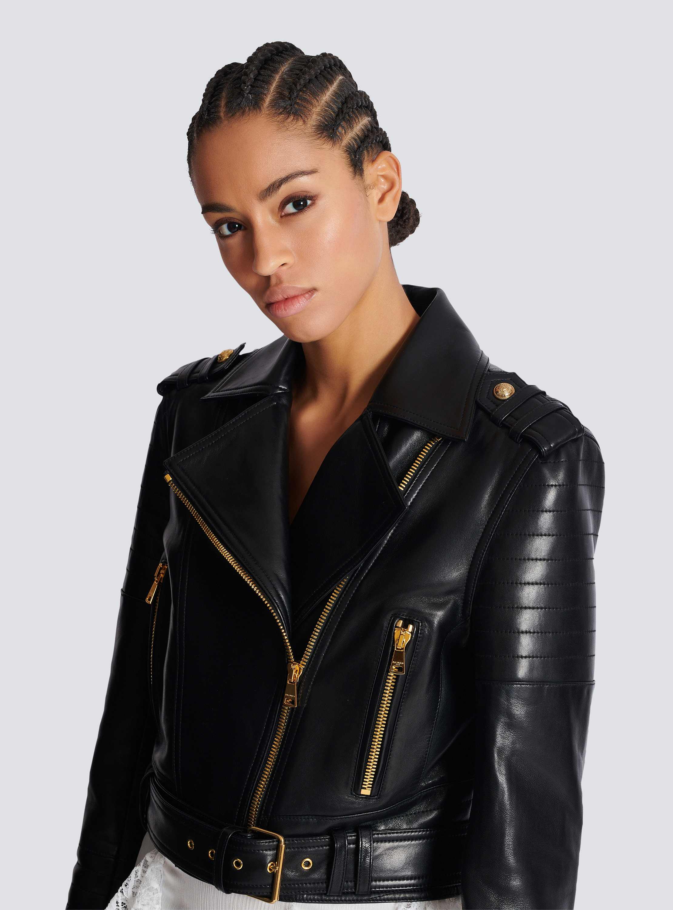 Cropped Belted Lambskin Biker Jacket