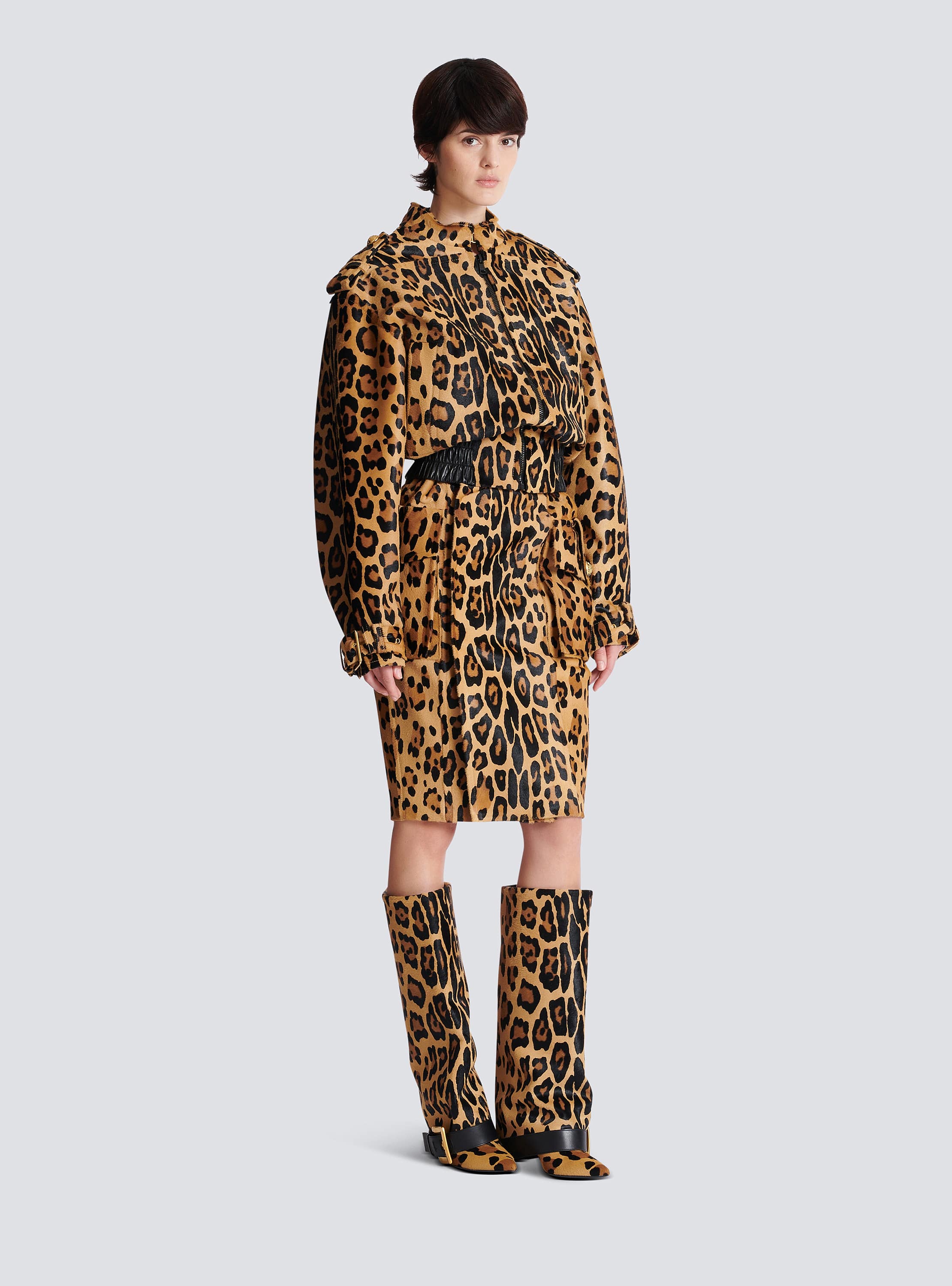 Ponyskin-style leather bomber jacket with leopard pattern