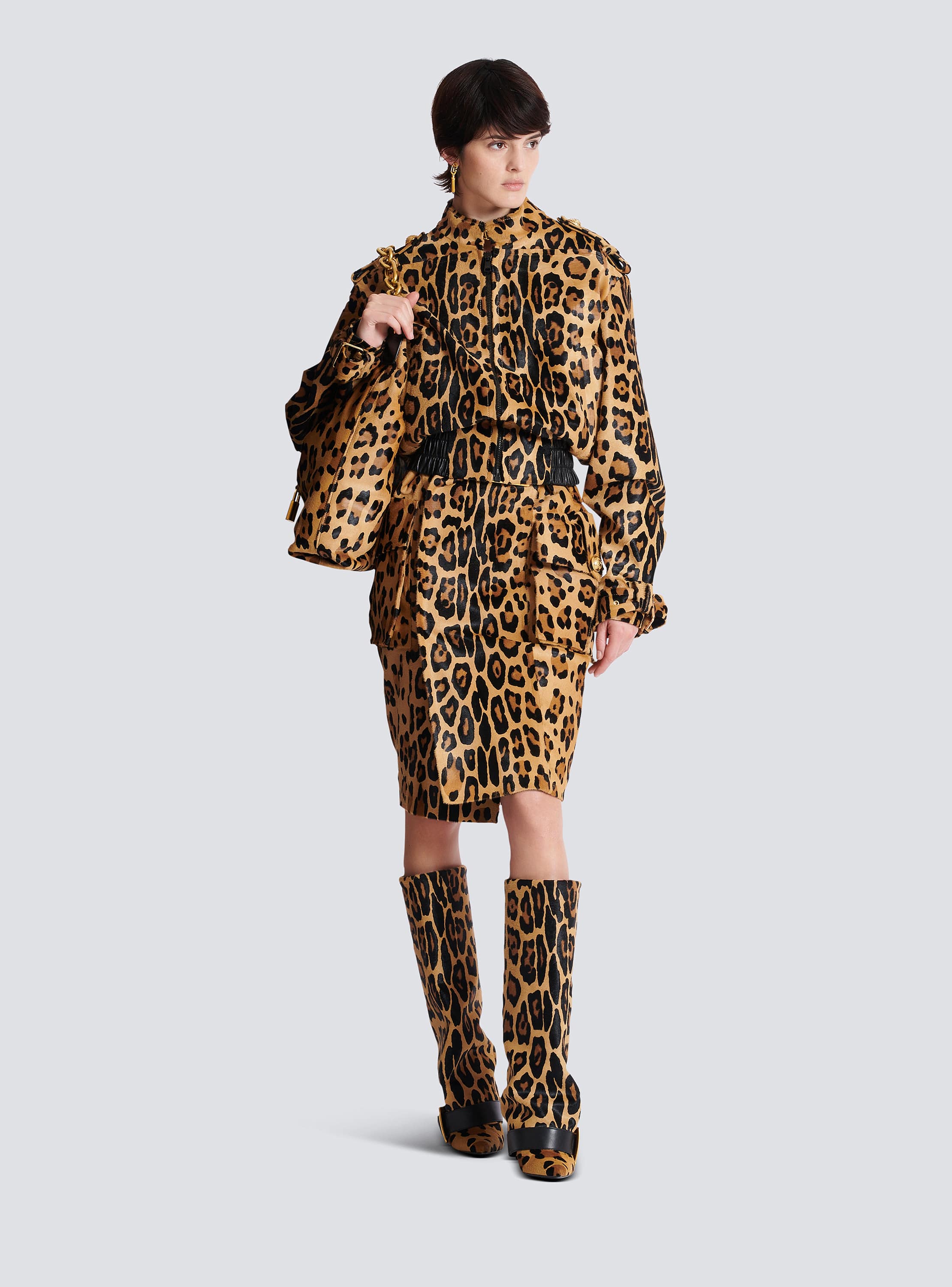 Ponyskin-style leather bomber jacket with leopard pattern