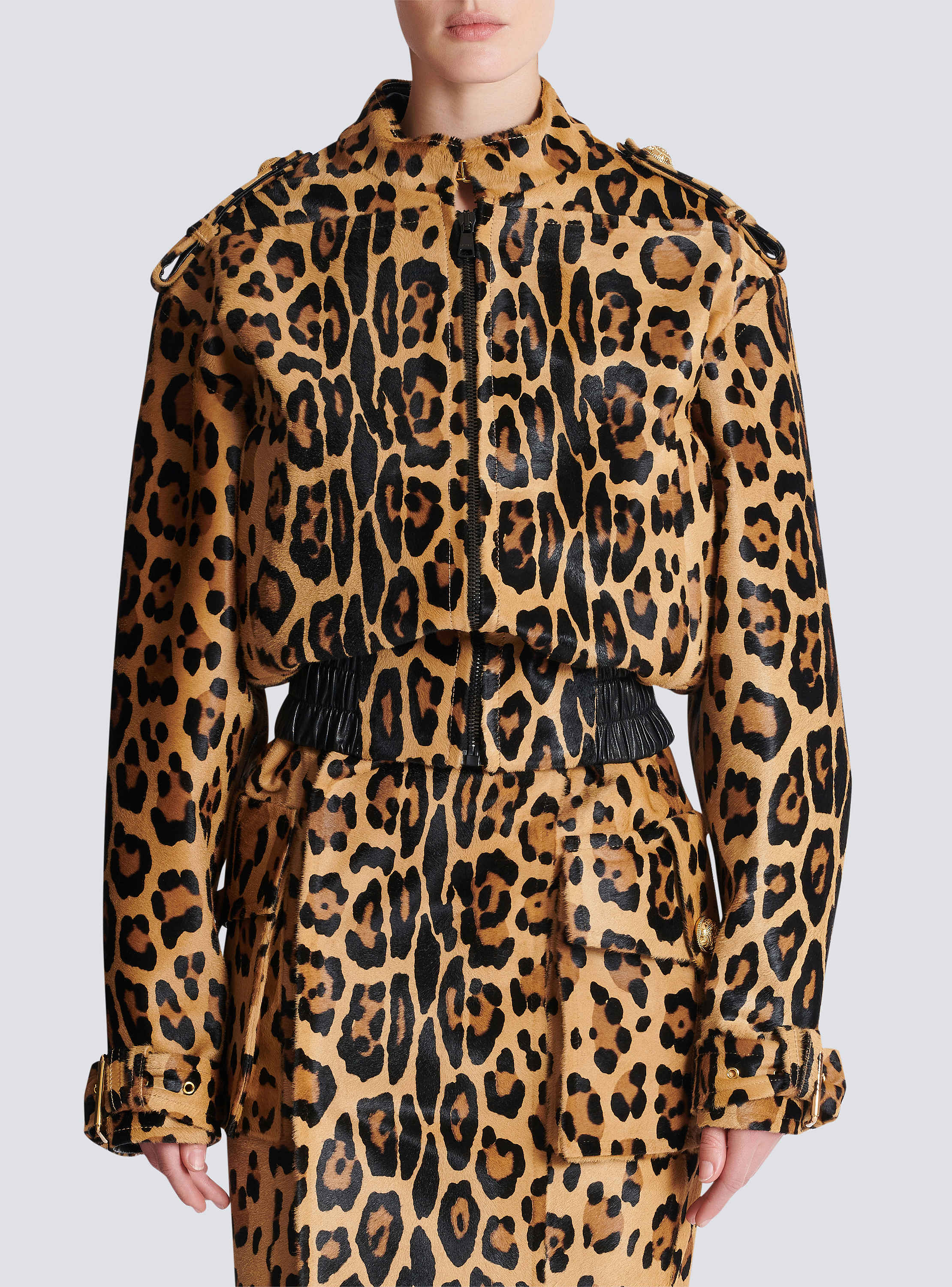 Ponyskin-style leather bomber jacket with leopard pattern