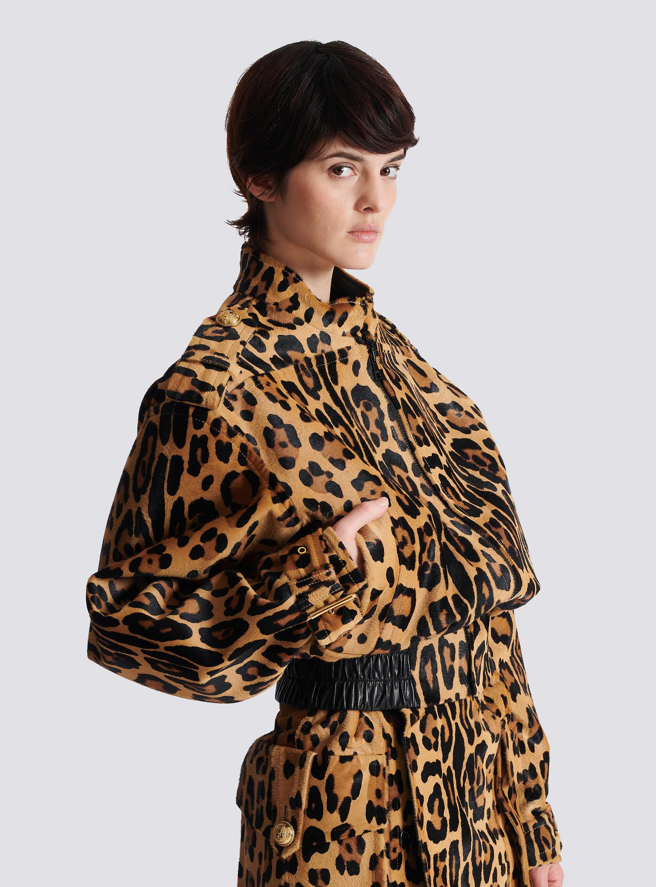 Ponyskin-style leather bomber jacket with leopard pattern