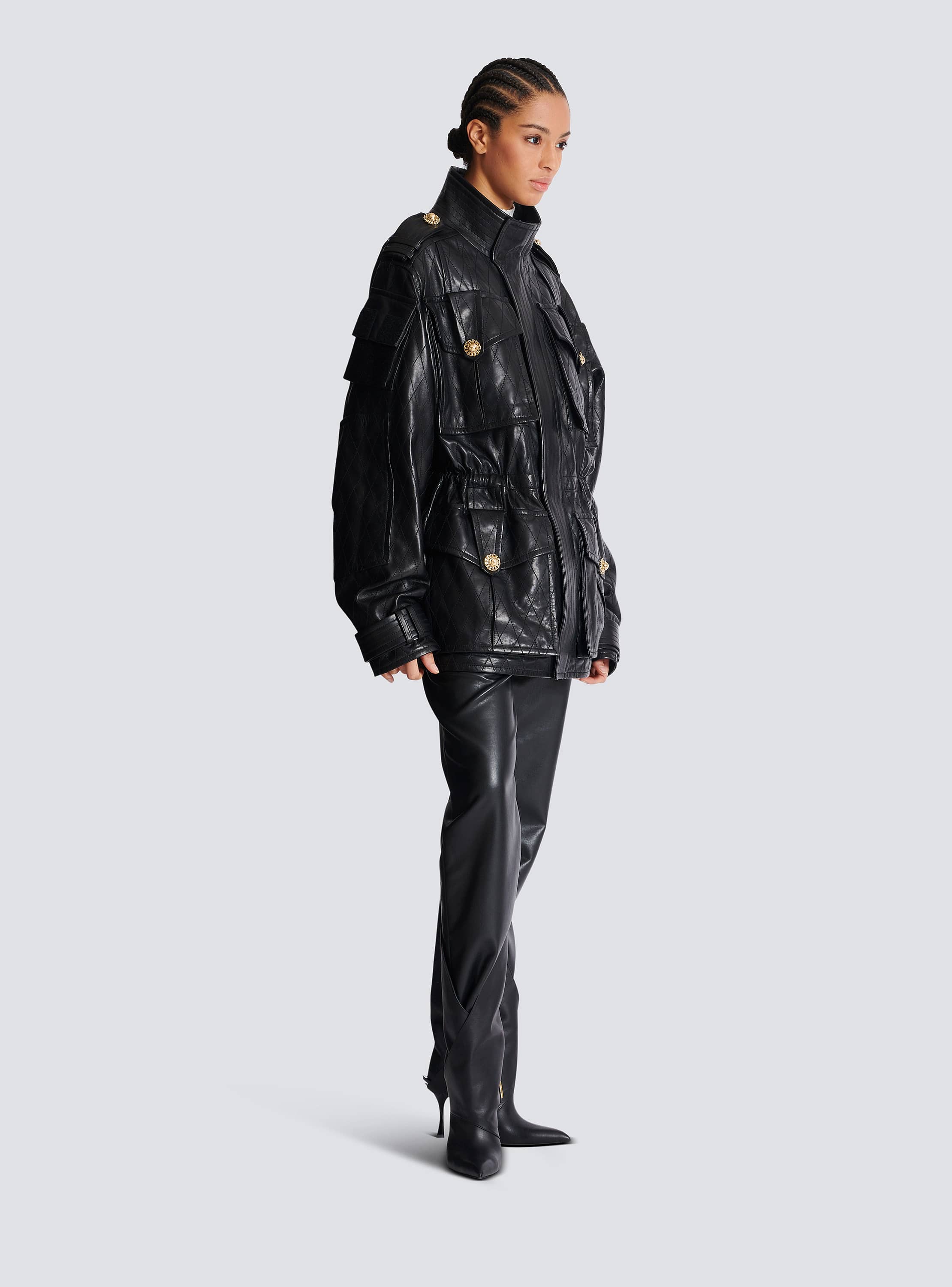 Lambskin leather parka with topstitched Diamond pattern