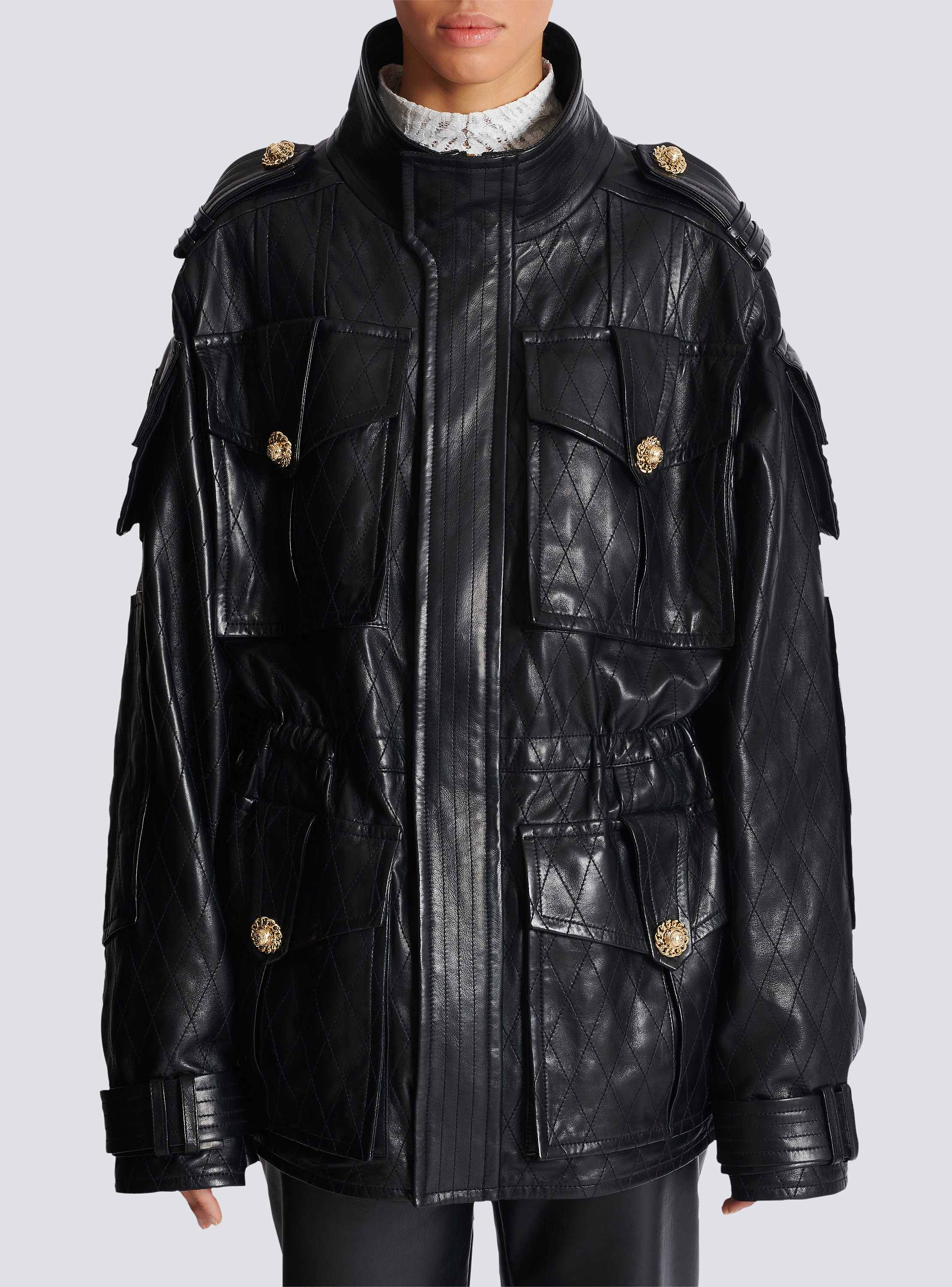 Lambskin leather parka with topstitched Diamond pattern