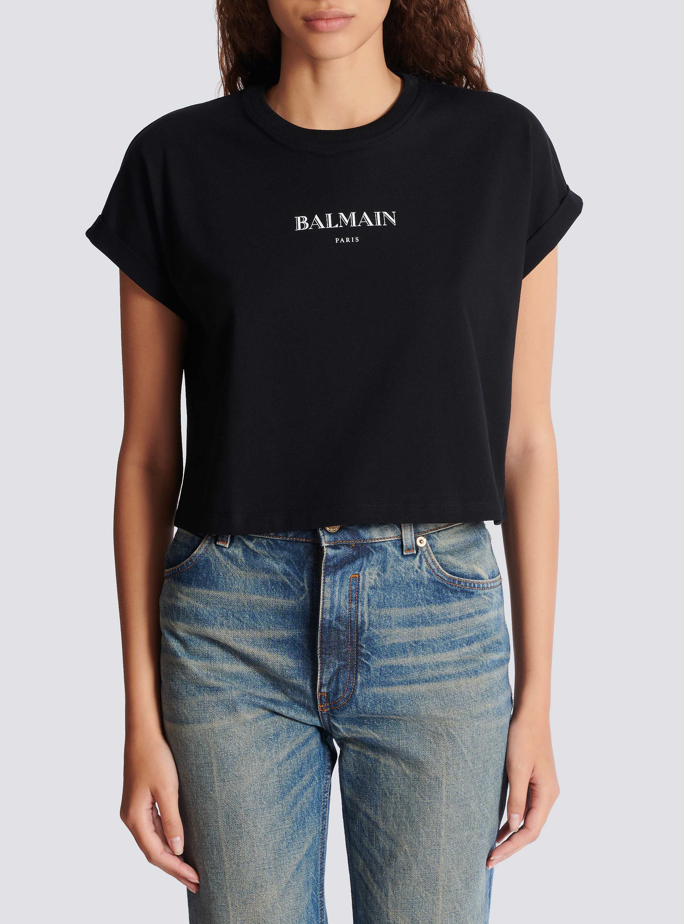 【送料&関税込】Balmain Printed Cotton Cropped T-shirt Cropped T-shirt with Balmain print - Women | BALMAIN