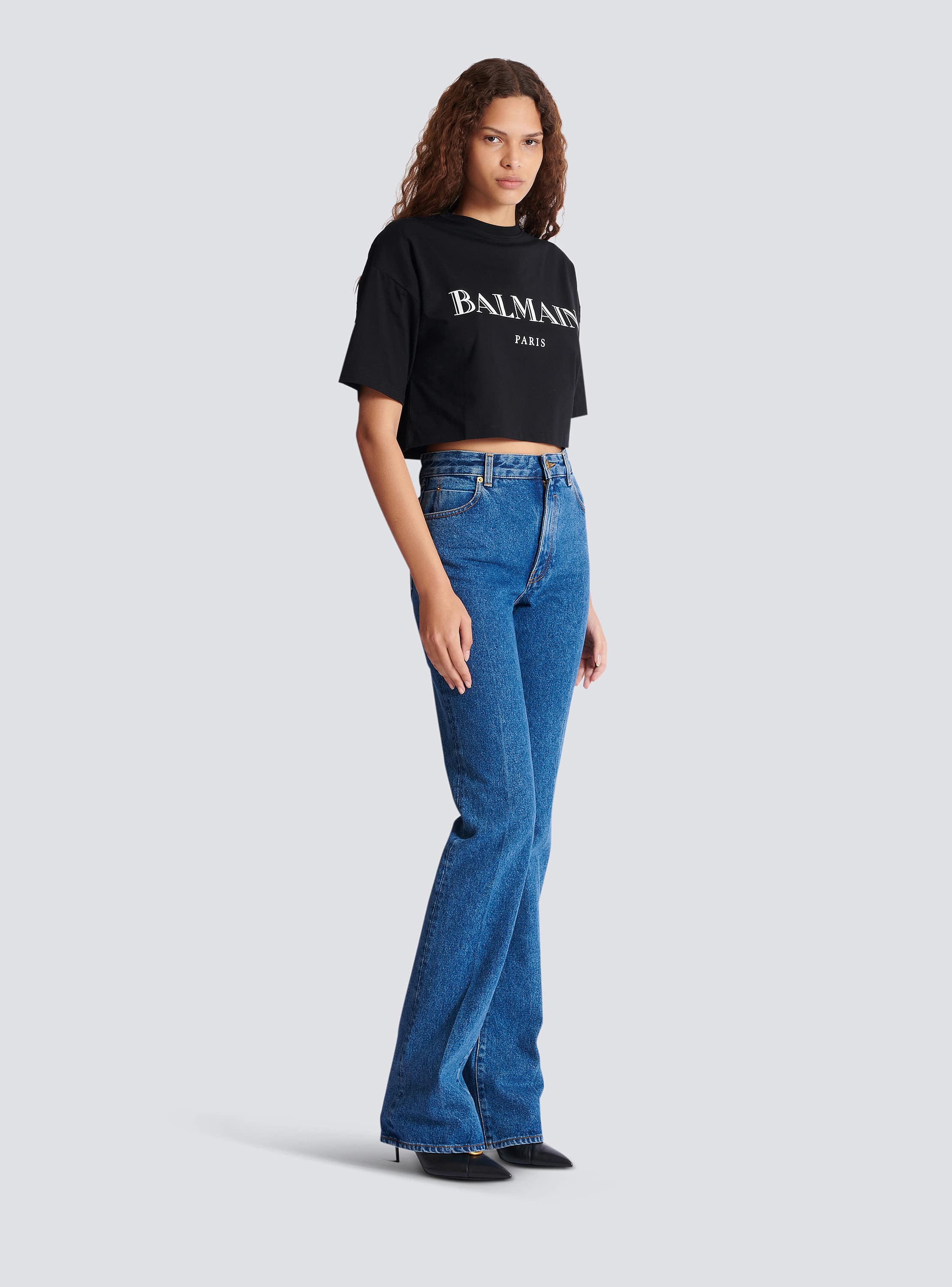 Boxy cropped T-shirt with Balmain print black black - Women