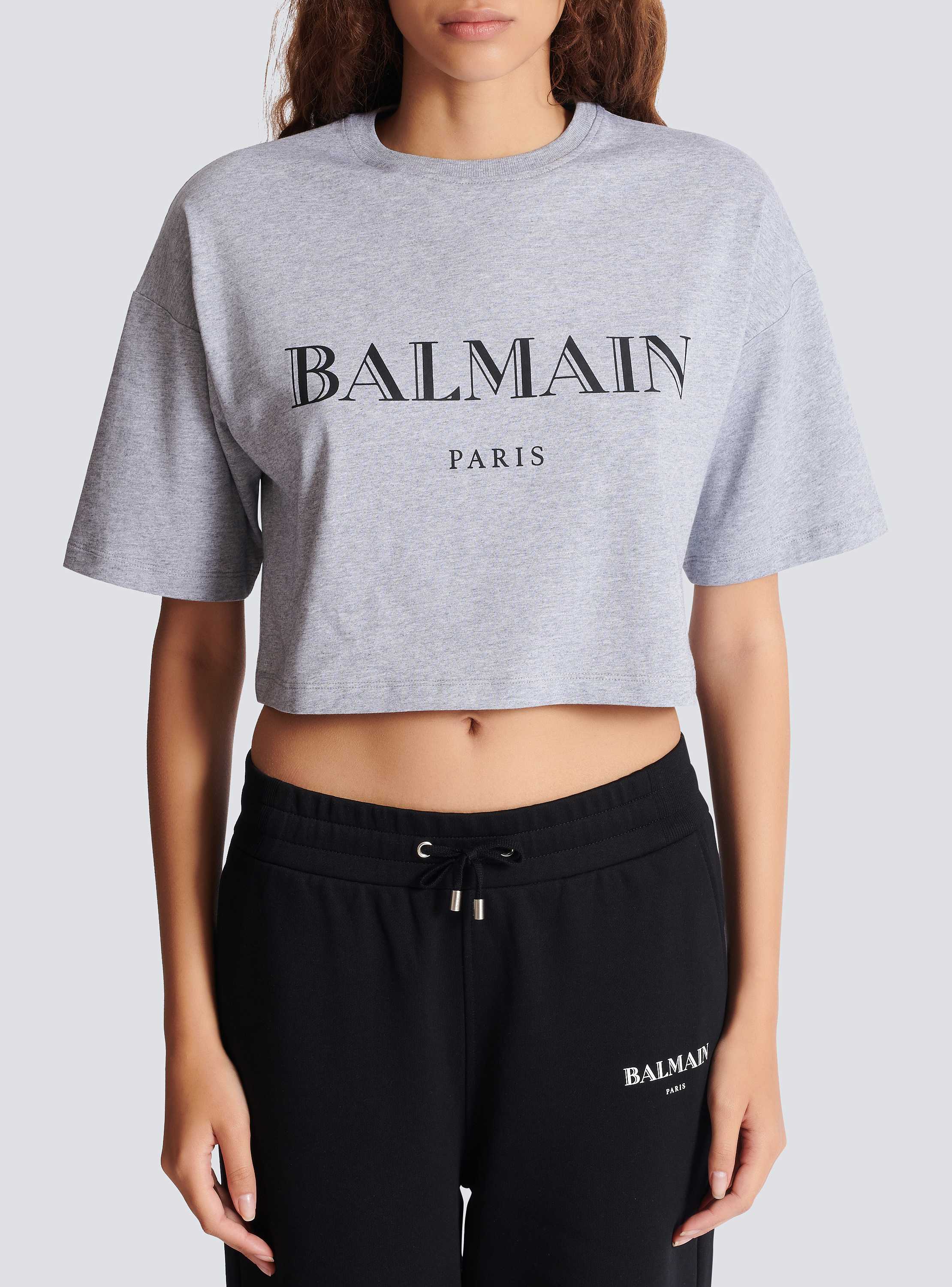 Boxy cropped T-shirt with Balmain print grey grey - Women