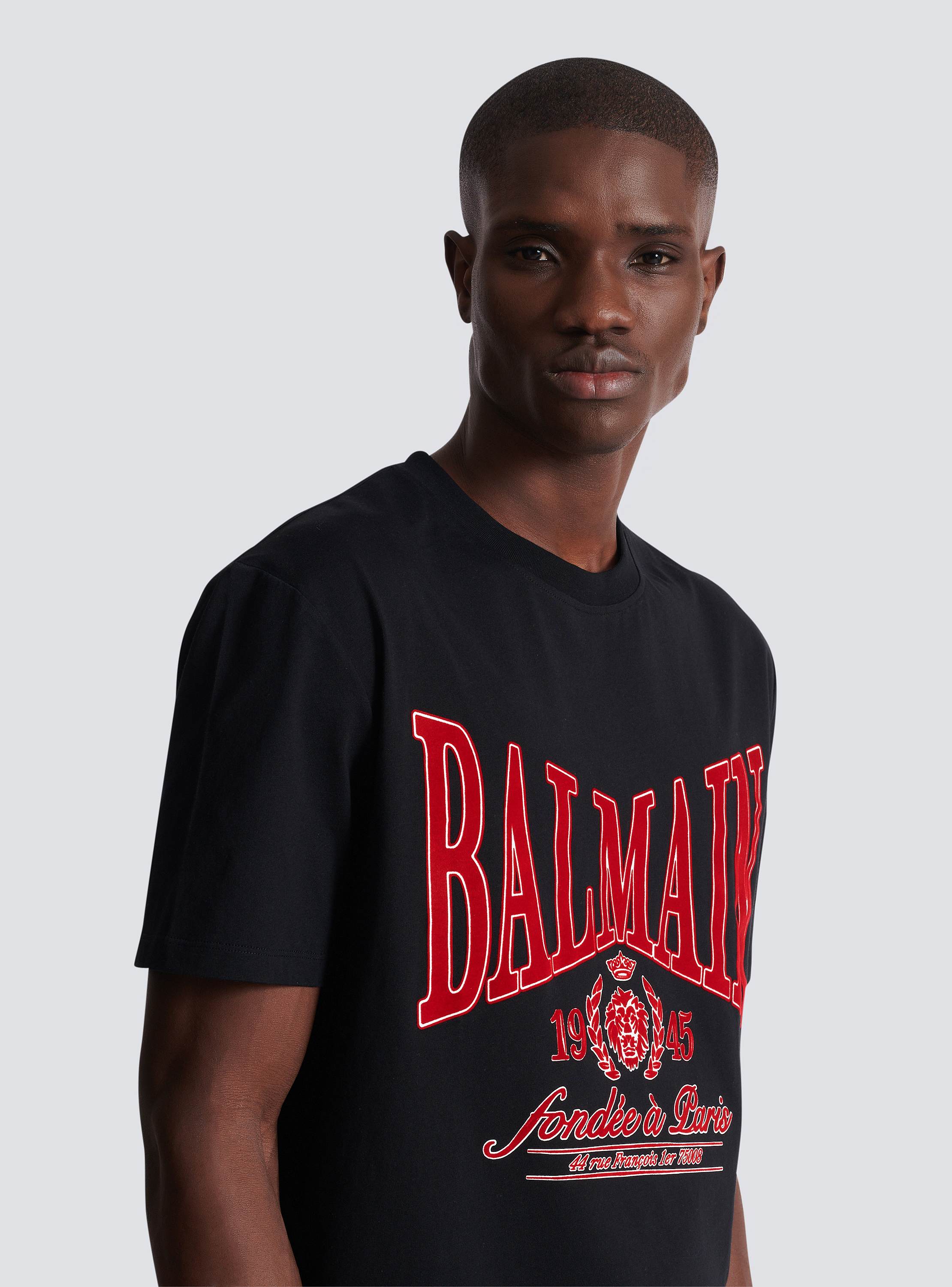 Short-sleeved T-shirt with flocked Balmain College print