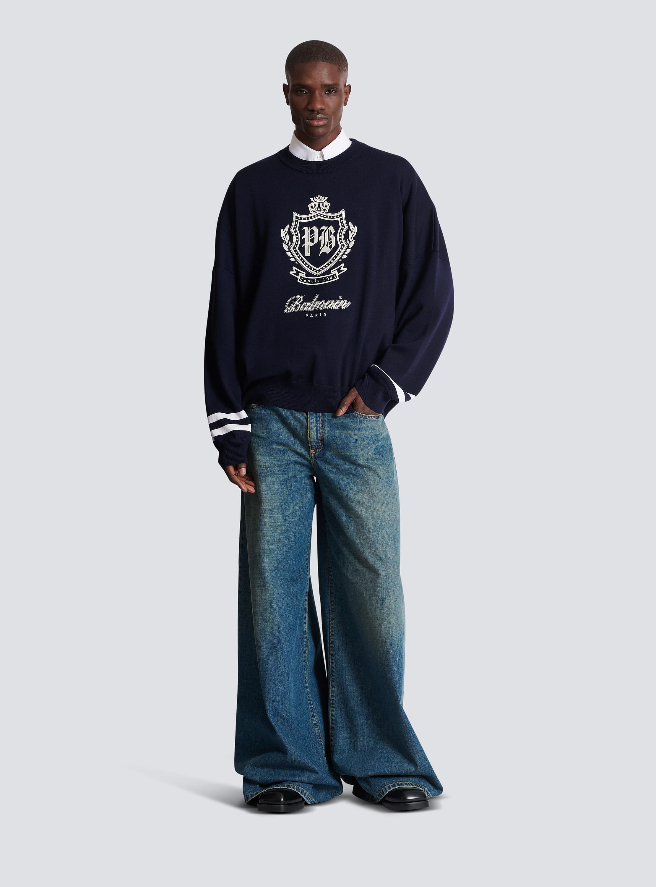 Wide-leg faded denim jeans