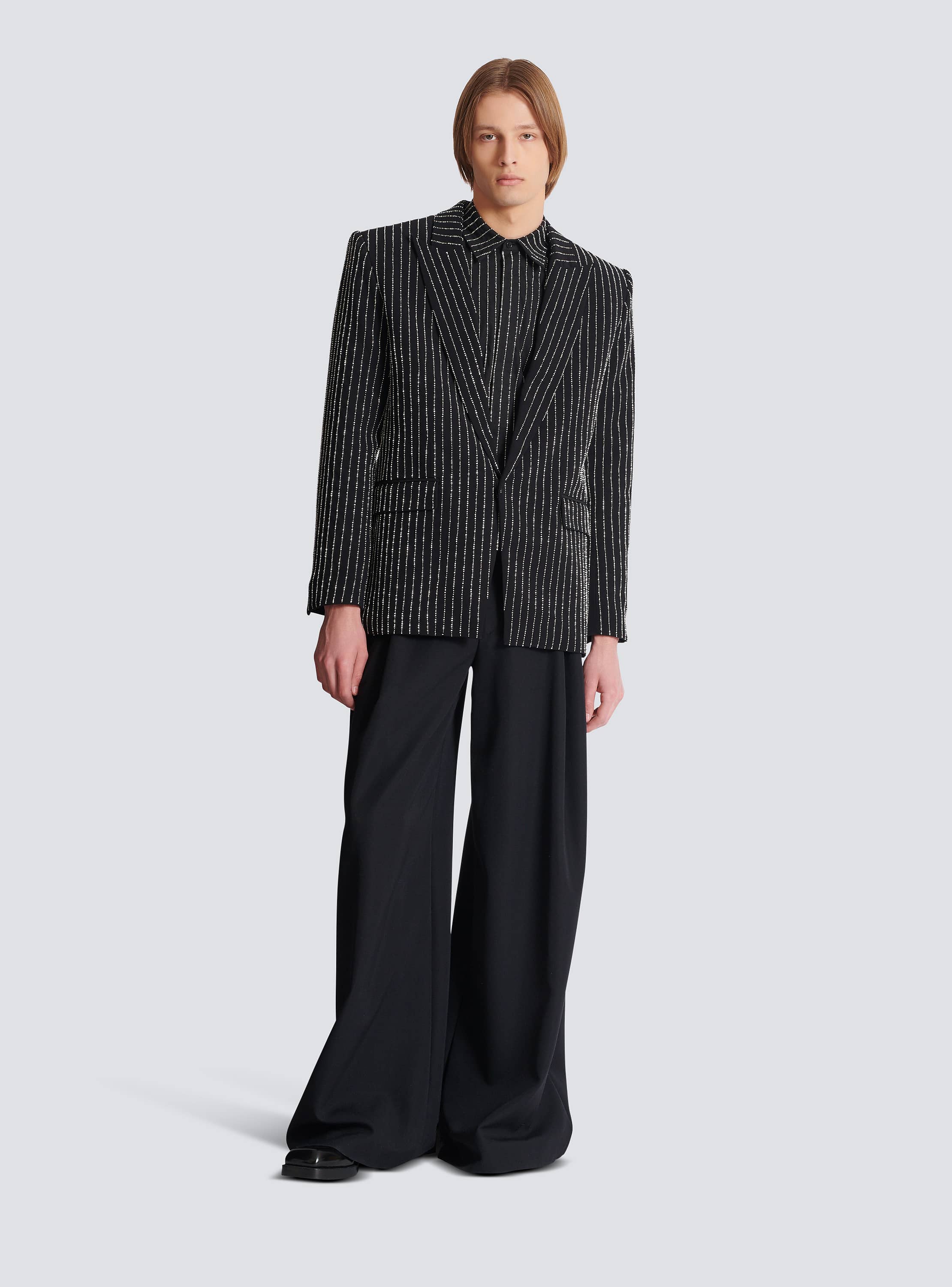 1-button wool jacket with crystal stripes