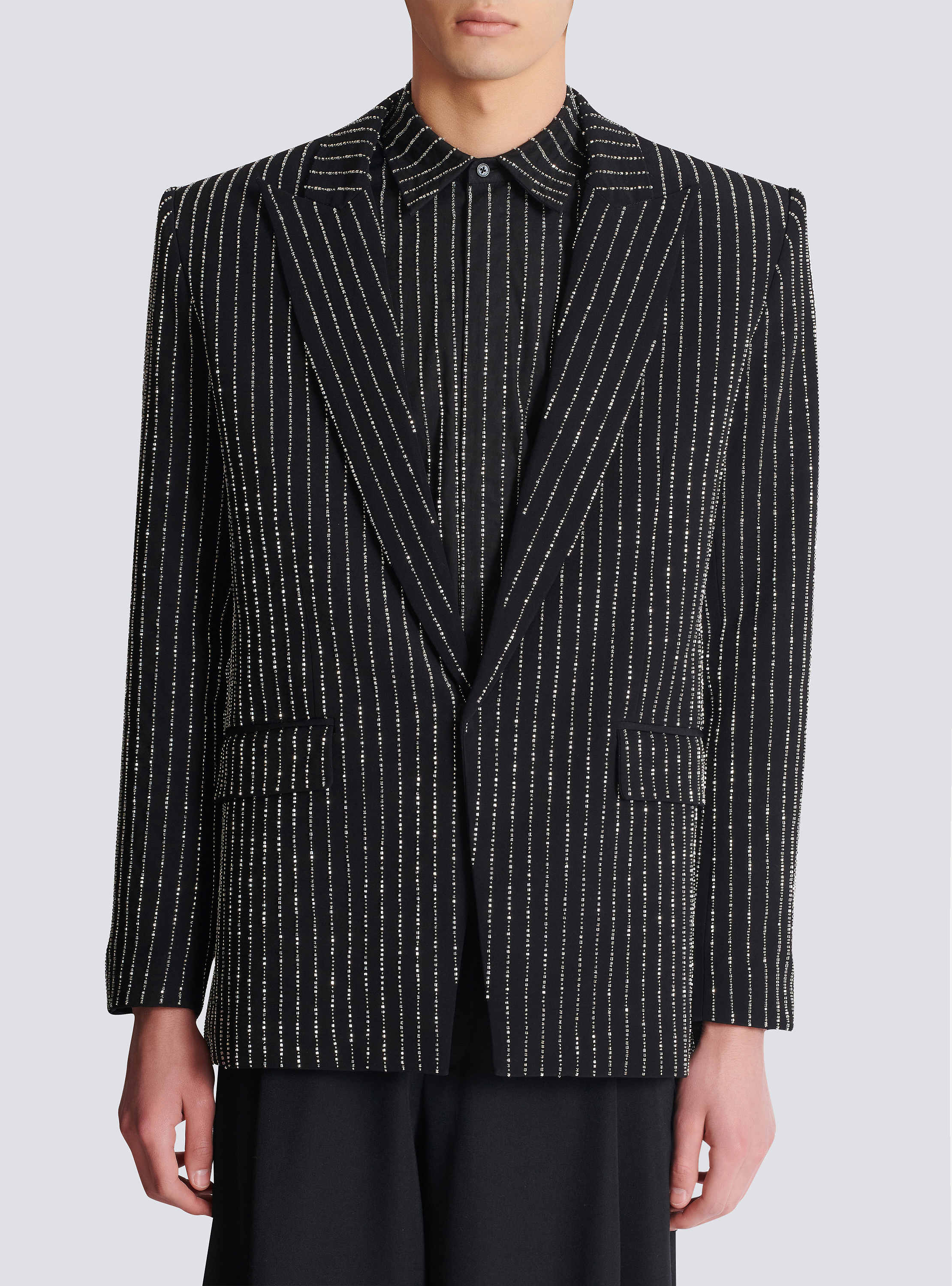 1-button wool jacket with crystal stripes